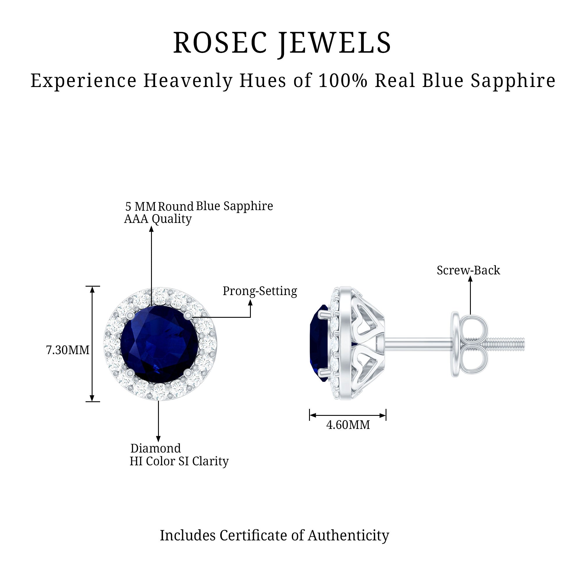 Real 1.9 Carat Blue Sapphire and Diamond Halo Stud Earrings AAA - Rosec Jewels