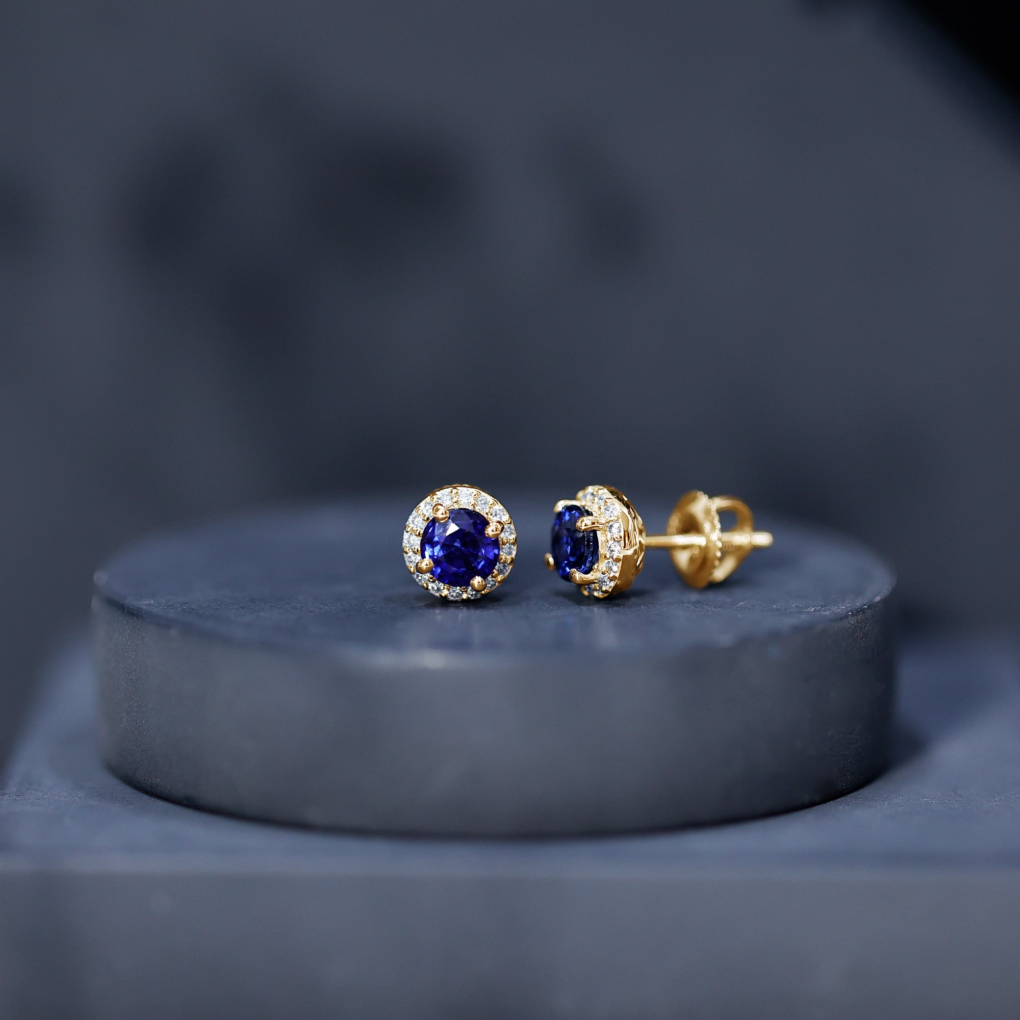 Real 1.9 Carat Blue Sapphire and Diamond Halo Stud Earrings AAA - Rosec Jewels
