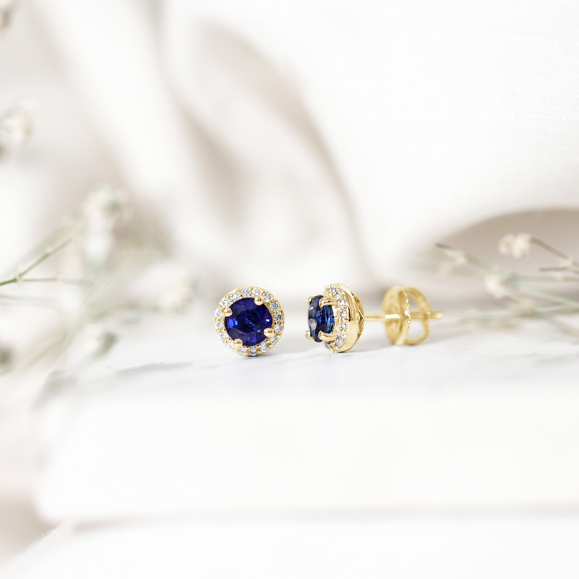 Real 1.9 Carat Blue Sapphire and Diamond Halo Stud Earrings AAA - Rosec Jewels