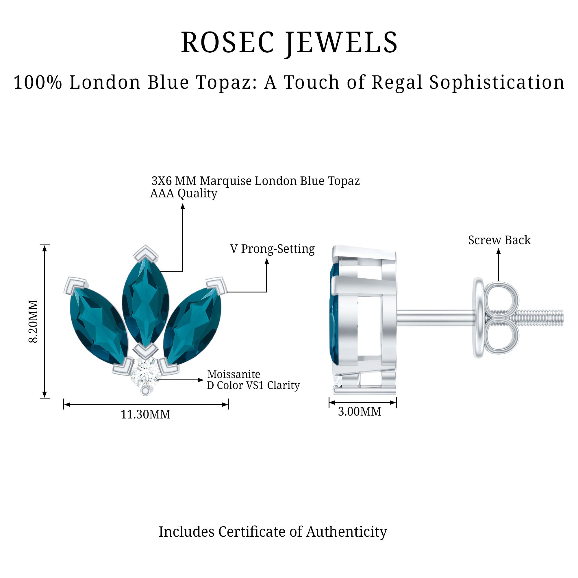 Floral Stud Earrings with London Blue Topaz and Diamond AAA - Rosec Jewels