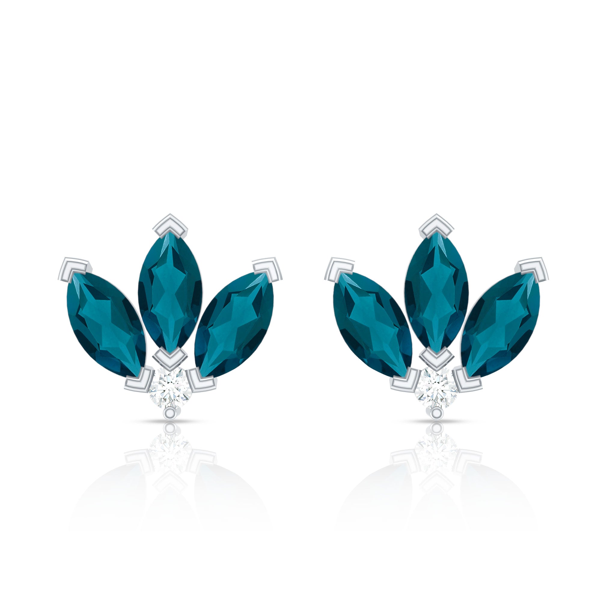 Floral Stud Earrings with London Blue Topaz and Diamond AAA - Rosec Jewels