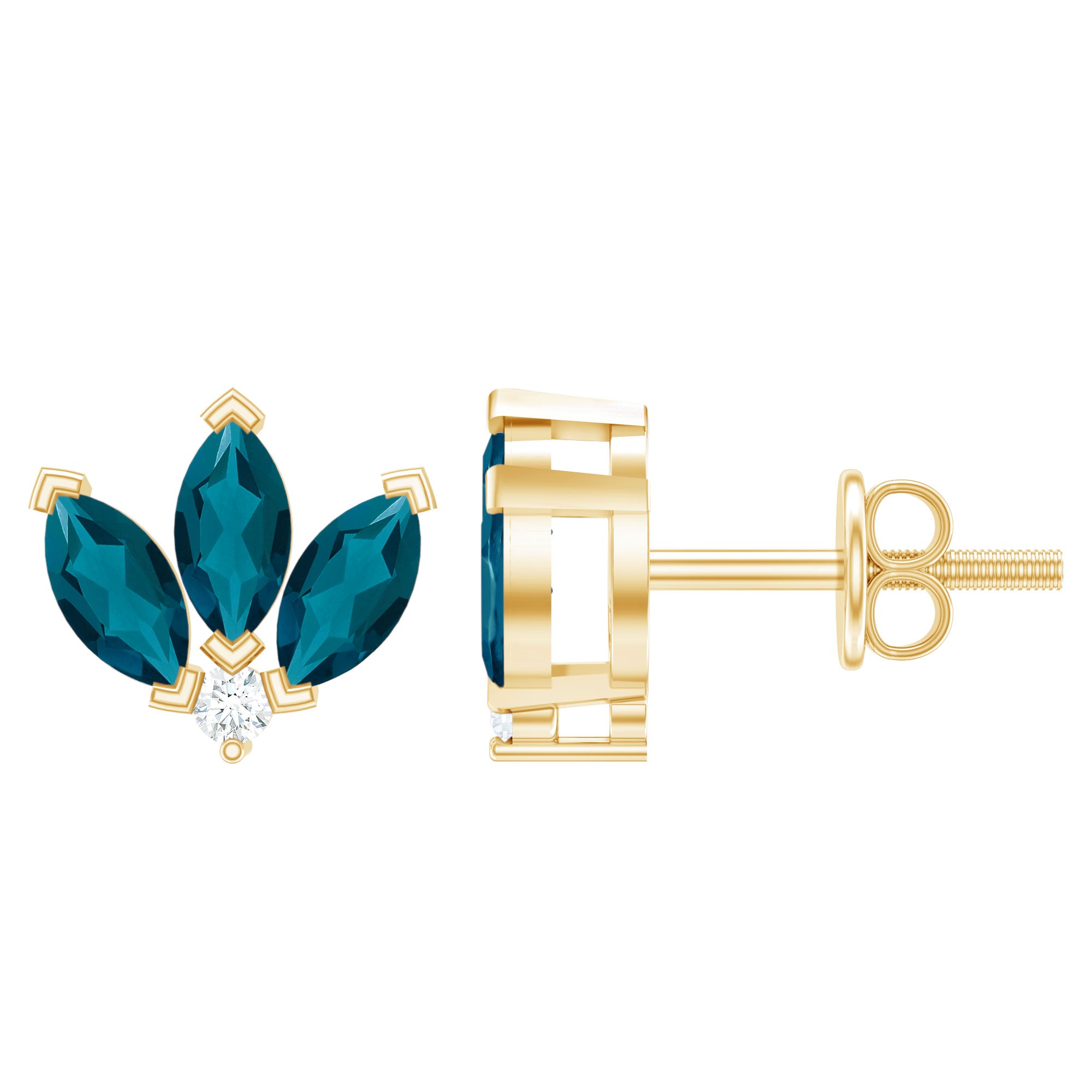 Floral Stud Earrings with London Blue Topaz and Diamond AAA - Rosec Jewels