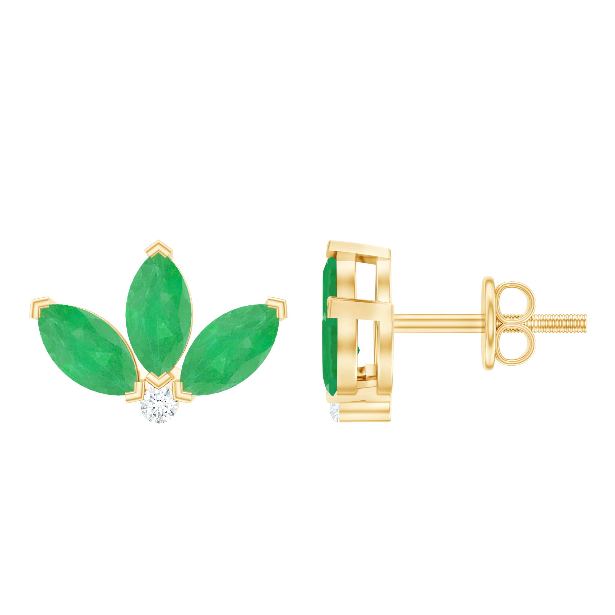 Genuine Emerald and Diamond Lotus Stud Earrings AAA - Rosec Jewels