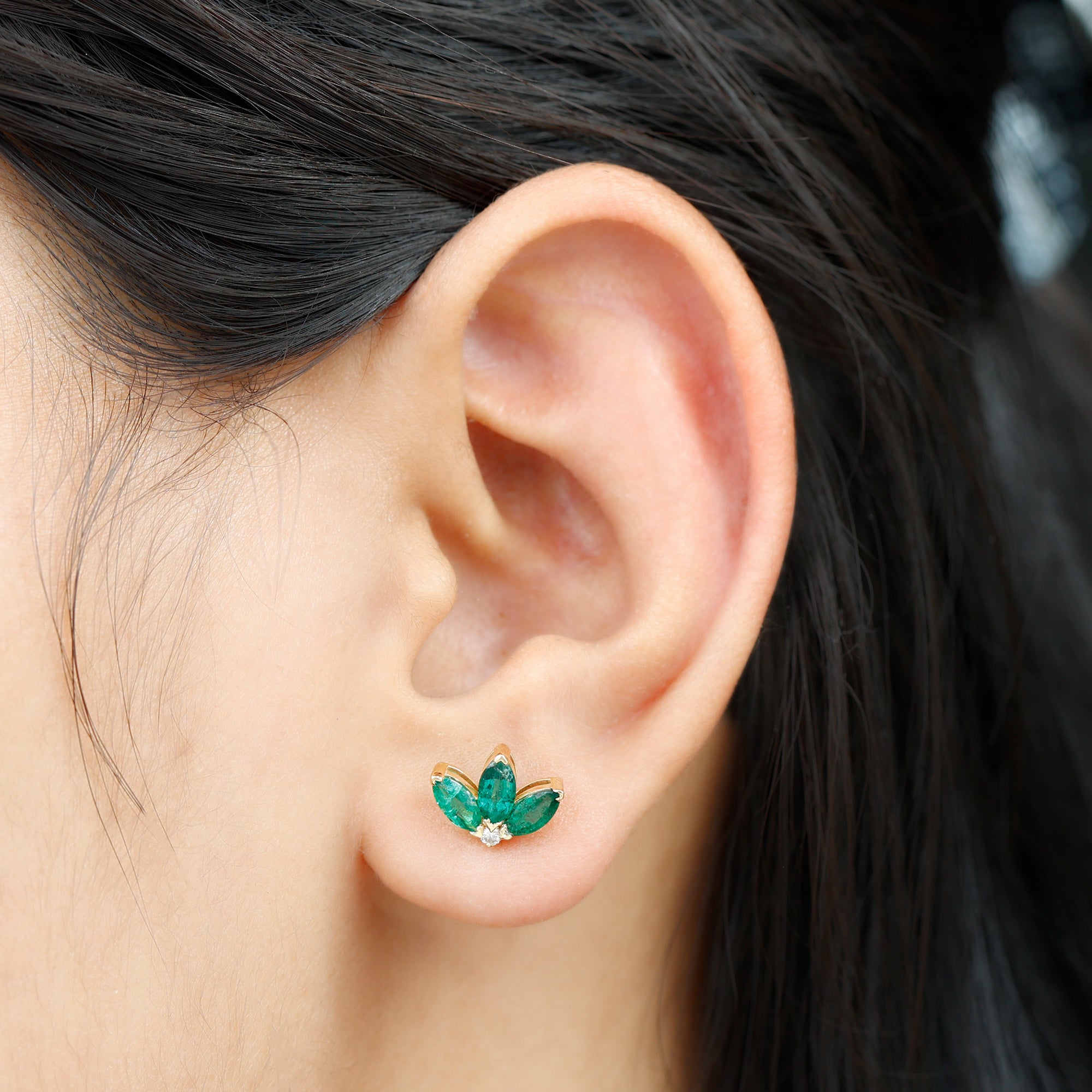 Genuine Emerald and Diamond Lotus Stud Earrings AAA - Rosec Jewels