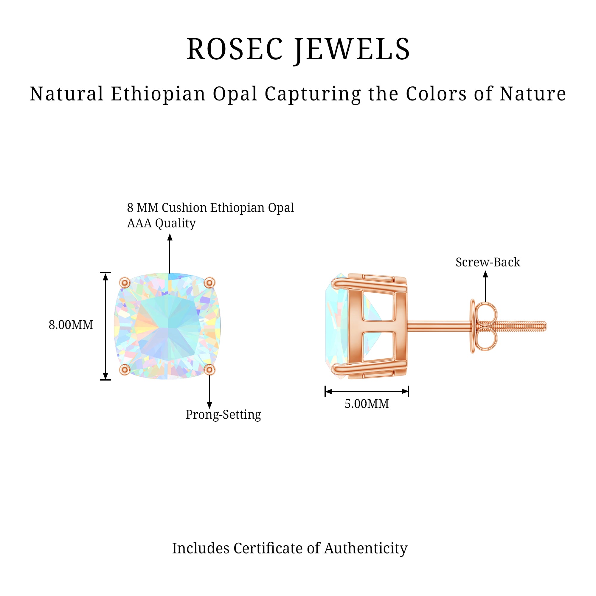 3 Carat Cushion Cut Ethiopian Opal Solitaire Stud Earrings AAA - Rosec Jewels