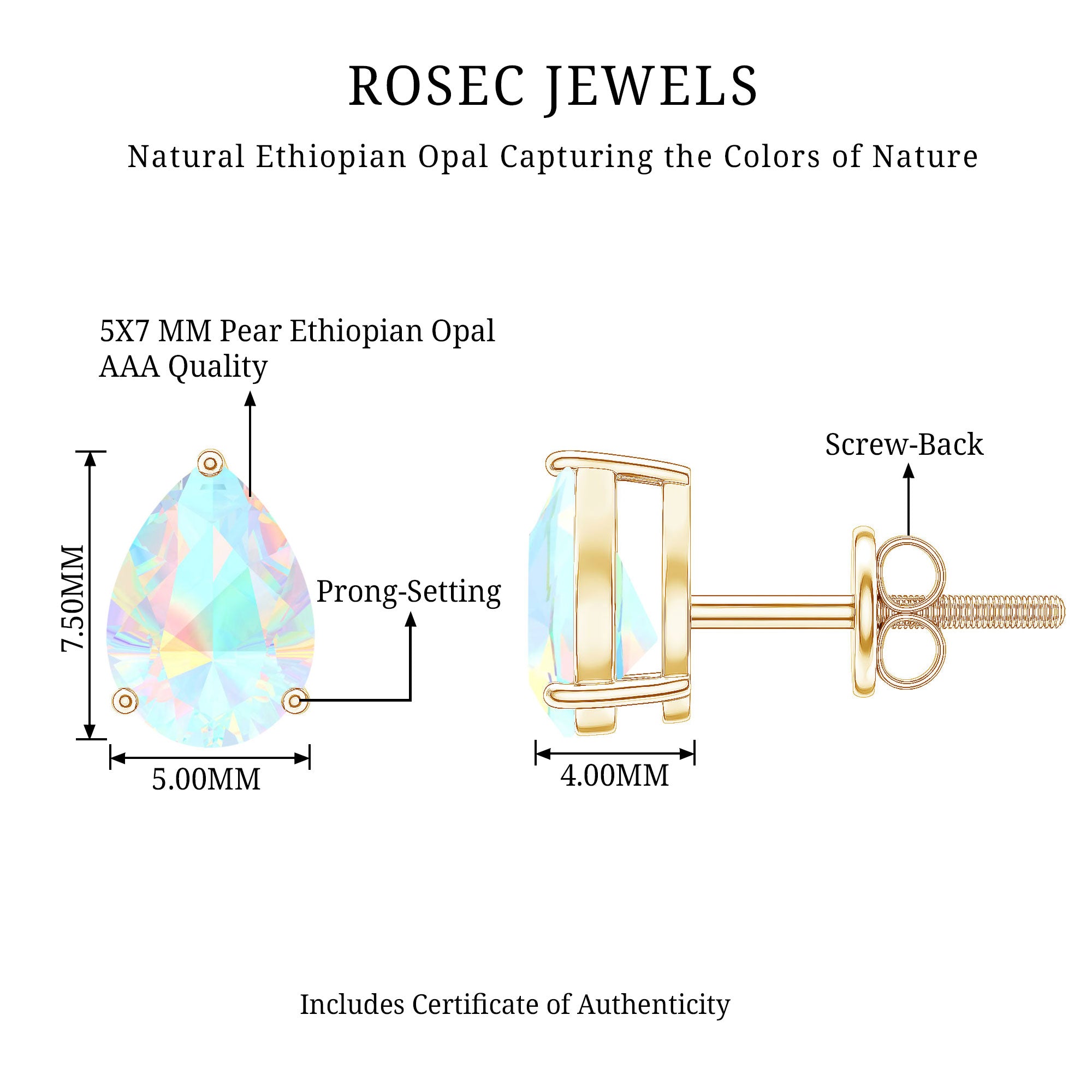 Pear Cut Ethiopian Opal Solitaire Stud Earrings in Gold AAA - Rosec Jewels