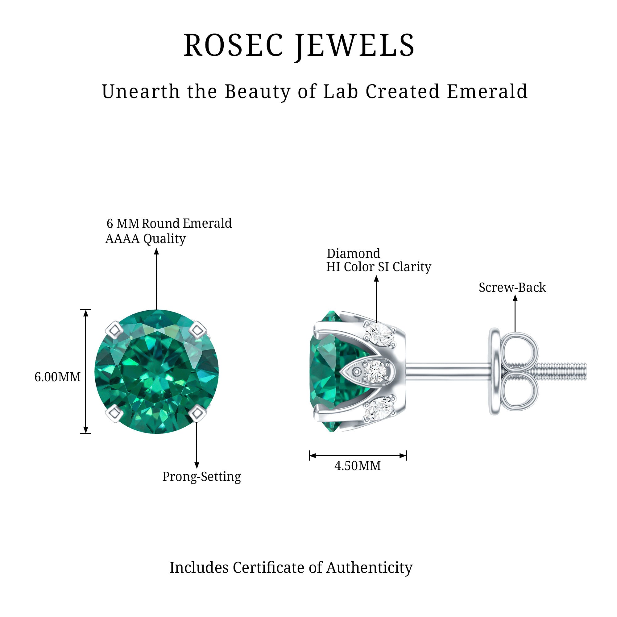 Round Lab Created Emerald Solitaire Stud Earrings with Diamonds AAAA - Rosec Jewels