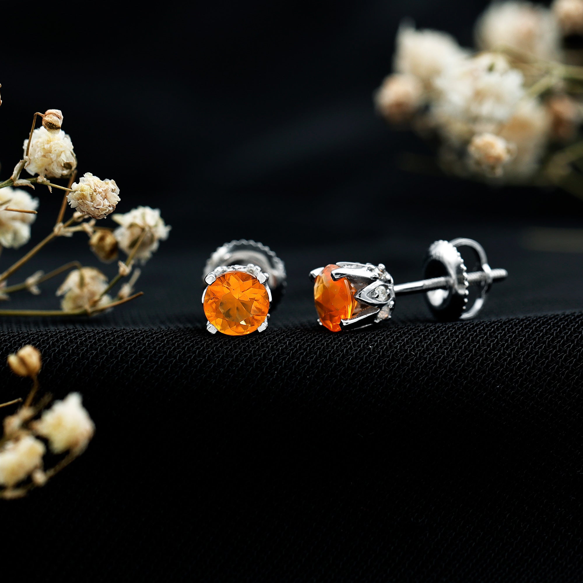 Solitaire Fire Opal Stud Earrings with Diamond Accent AAA - Rosec Jewels