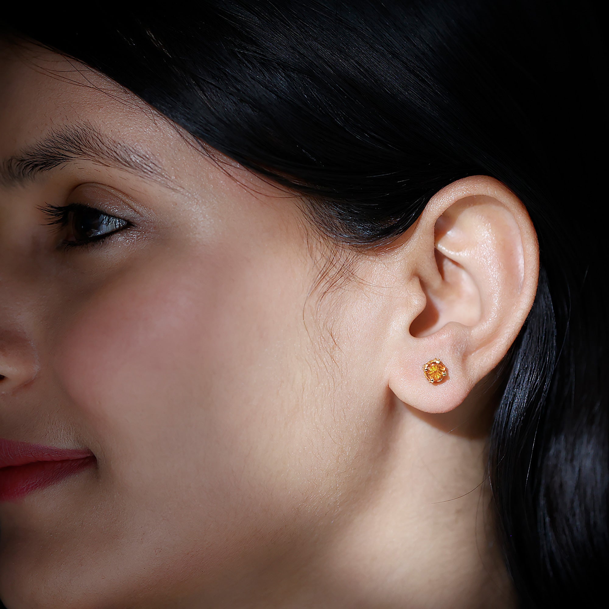 Solitaire Fire Opal Stud Earrings with Diamond Accent AAA - Rosec Jewels
