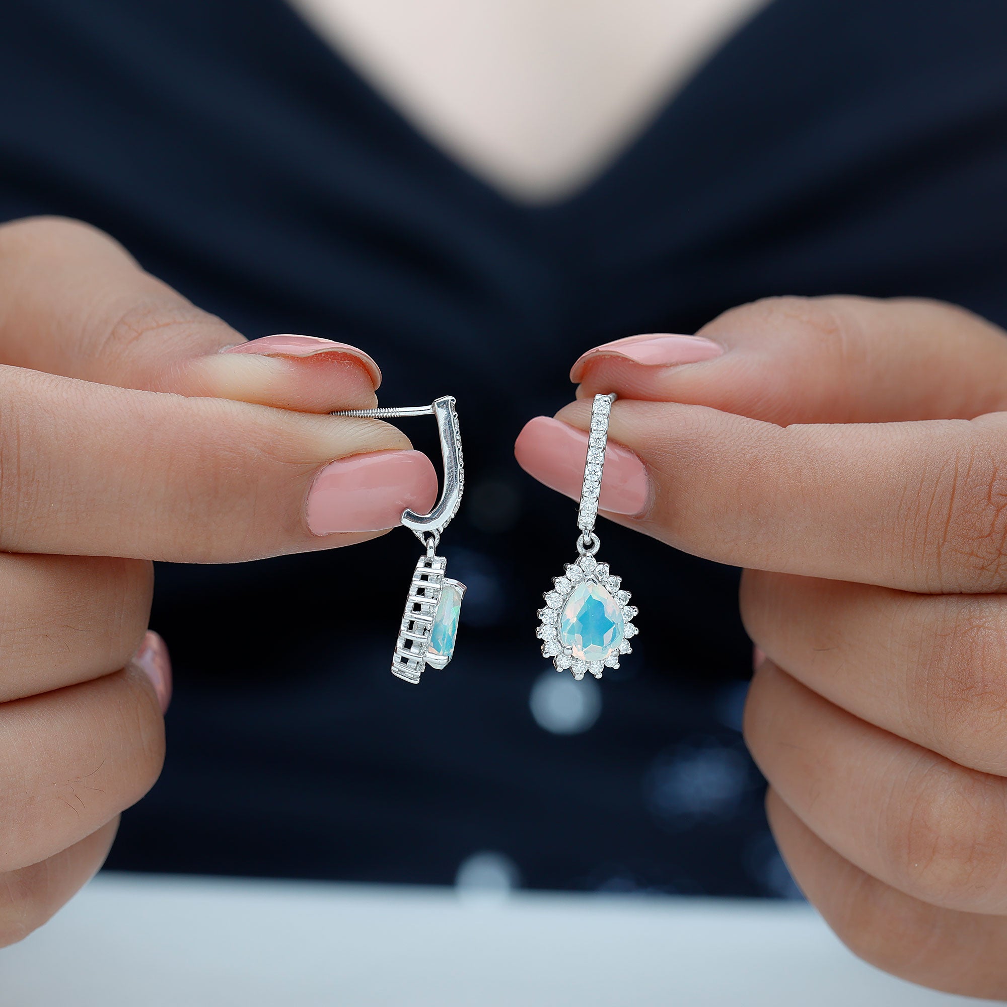 Natural Ethiopian Opal Teardrop Bridal Earrings with Moissanite Accent AAA - Rosec Jewels