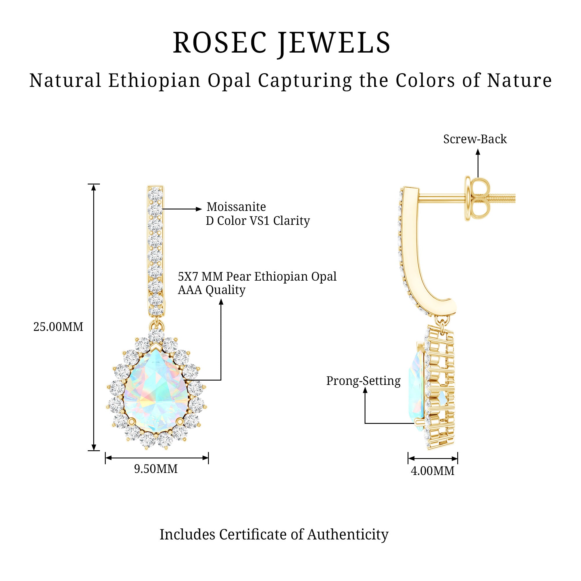 Natural Ethiopian Opal Teardrop Bridal Earrings with Moissanite Accent AAA - Rosec Jewels