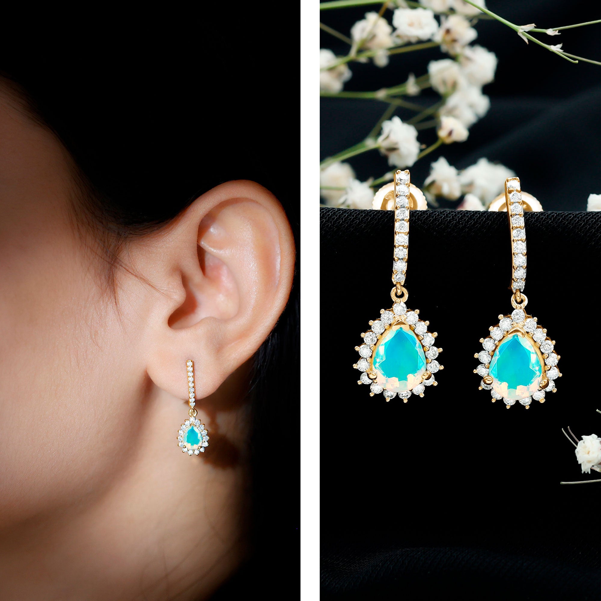Natural Ethiopian Opal Teardrop Bridal Earrings with Moissanite Accent AAA - Rosec Jewels