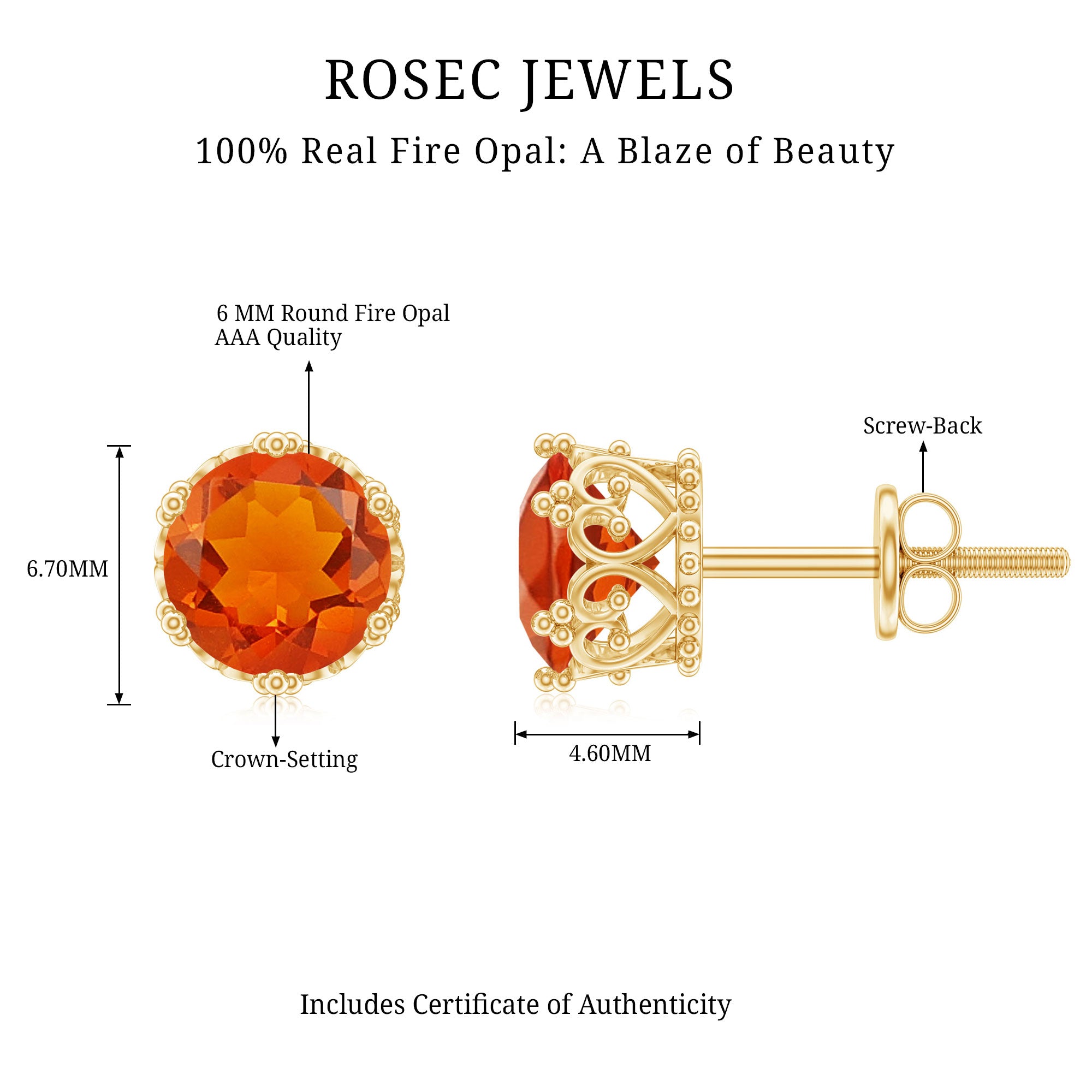 1.5 Carat Fire Opal Solitaire Crown Stud Earrings AAA - Rosec Jewels