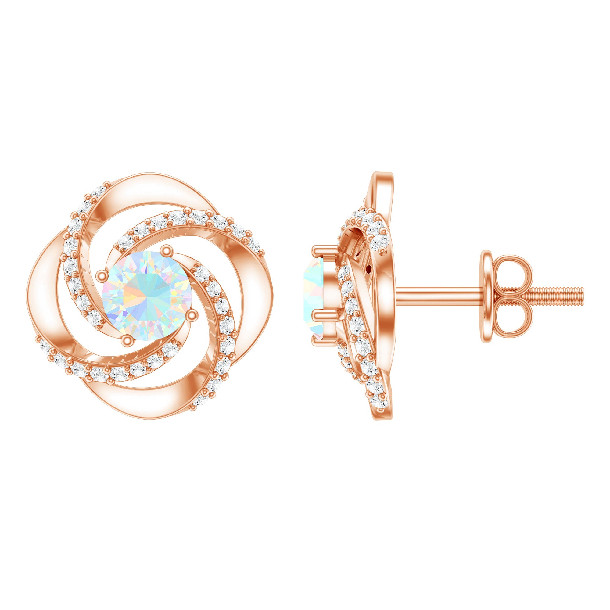Genuine Ethiopian Opal and Diamond Swirl Stud Earrings AAA - Rosec Jewels