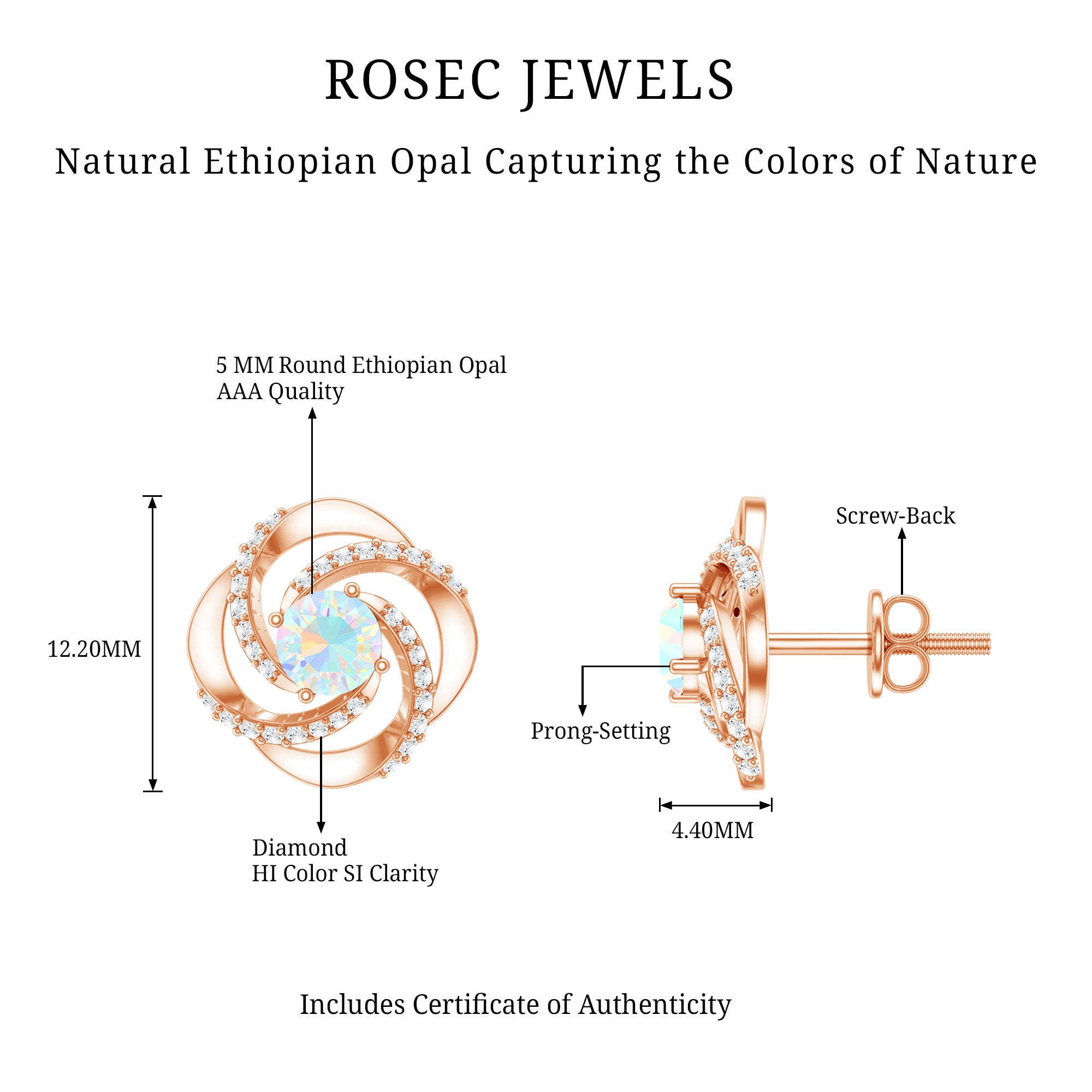 Genuine Ethiopian Opal and Diamond Swirl Stud Earrings AAA - Rosec Jewels