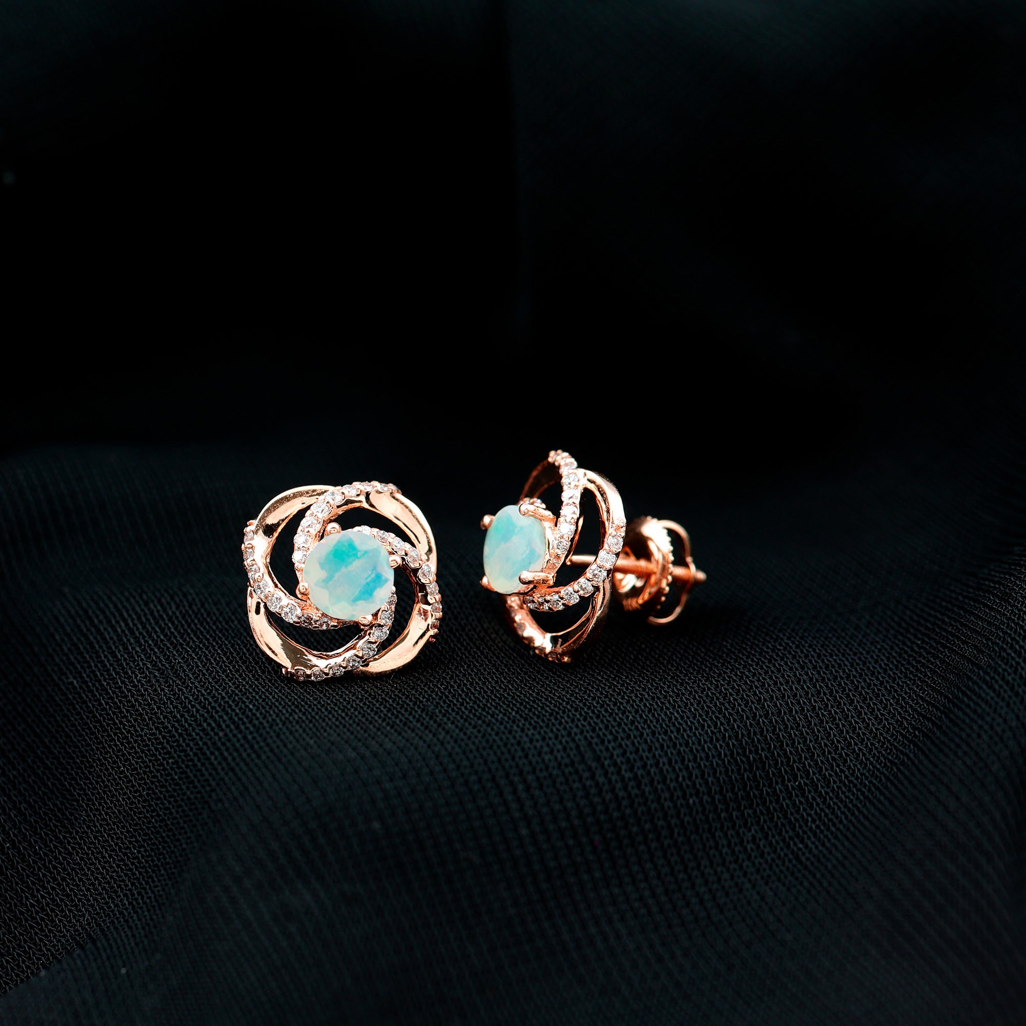 Genuine Ethiopian Opal and Diamond Swirl Stud Earrings AAA - Rosec Jewels