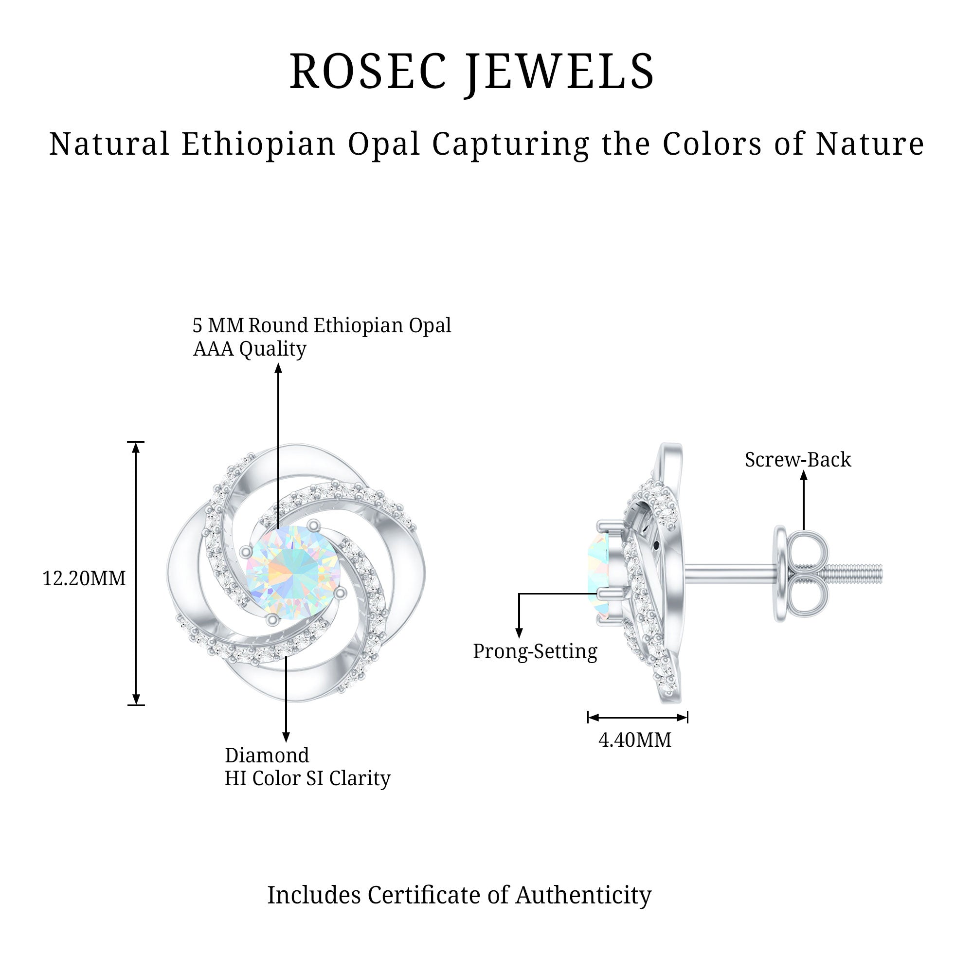 Genuine Ethiopian Opal and Diamond Swirl Stud Earrings AAA - Rosec Jewels
