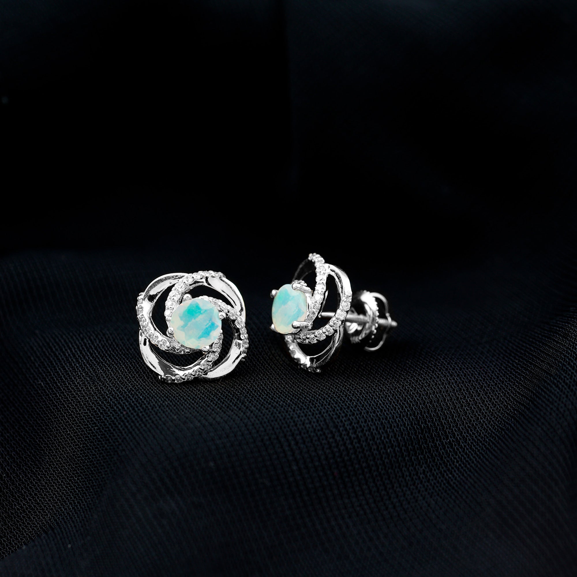 Genuine Ethiopian Opal and Diamond Swirl Stud Earrings AAA - Rosec Jewels