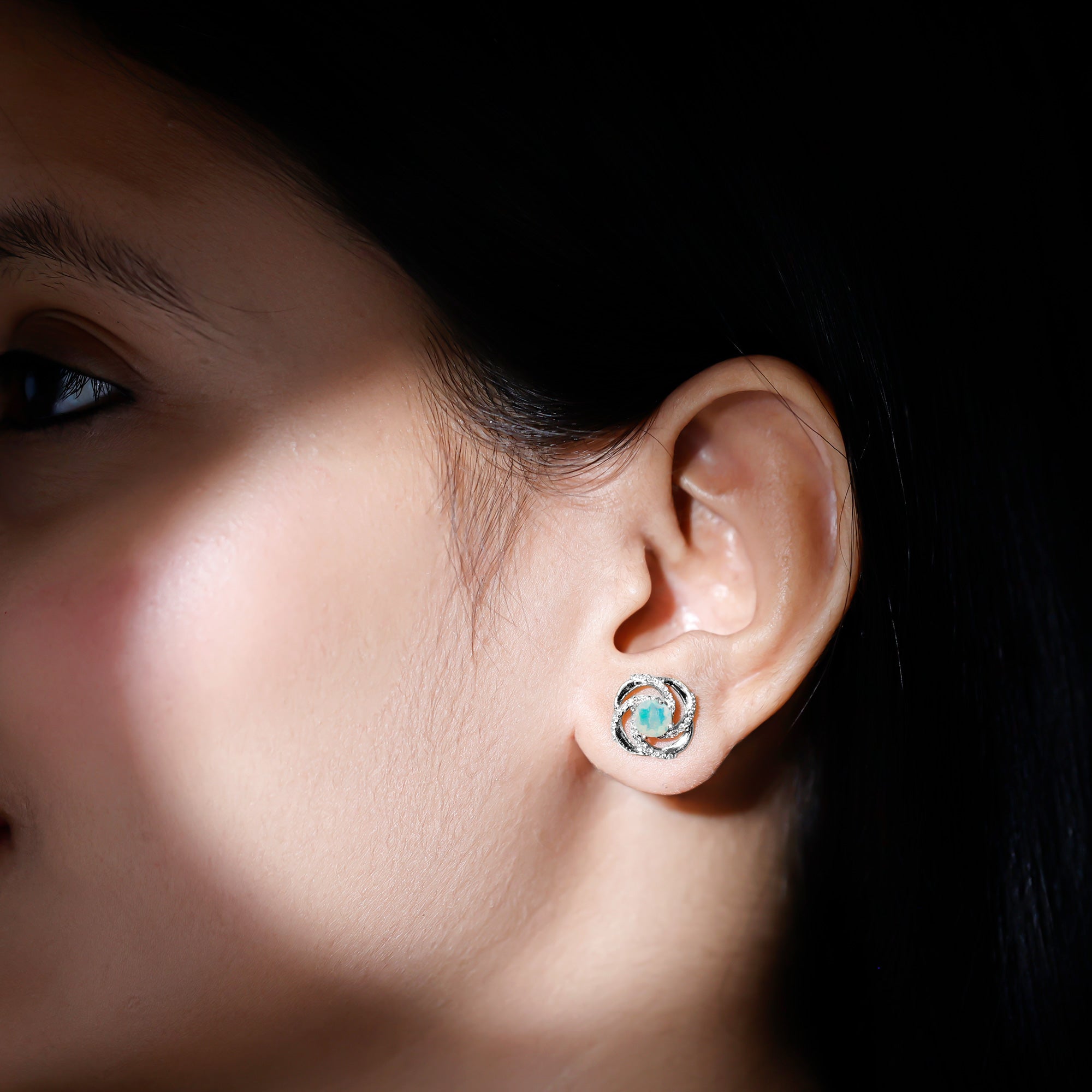 Genuine Ethiopian Opal and Diamond Swirl Stud Earrings AAA - Rosec Jewels