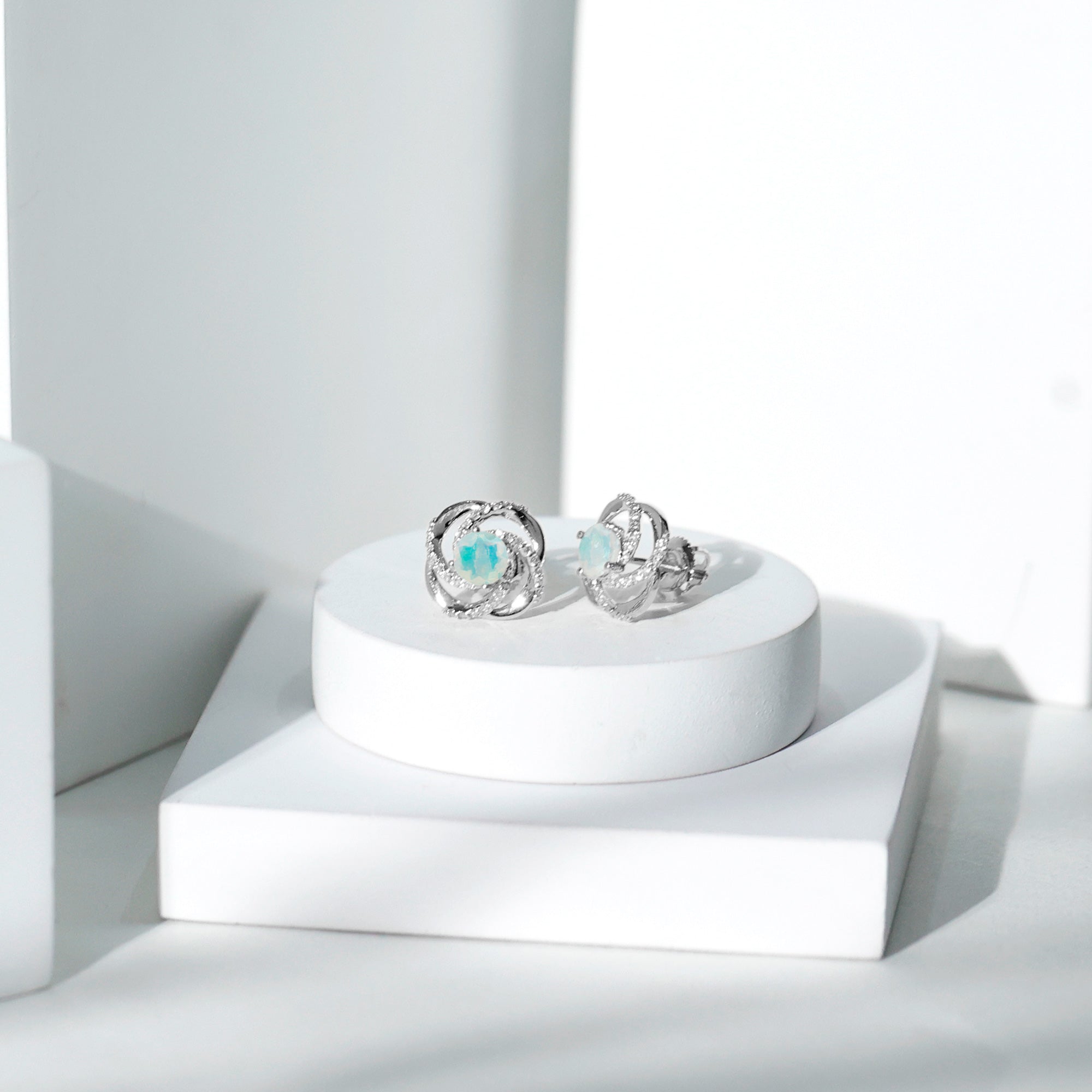 Genuine Ethiopian Opal and Diamond Swirl Stud Earrings AAA - Rosec Jewels