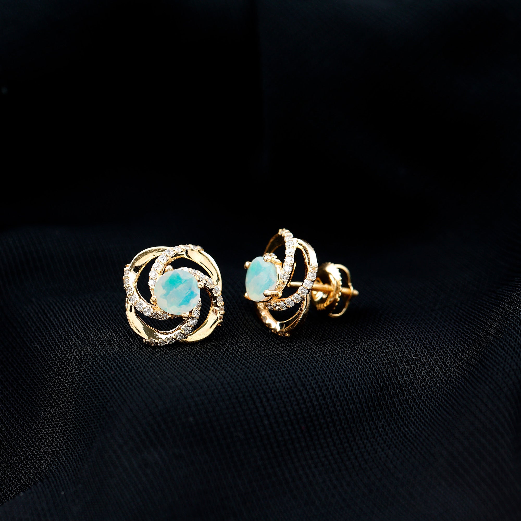 Genuine Ethiopian Opal and Diamond Swirl Stud Earrings AAA - Rosec Jewels