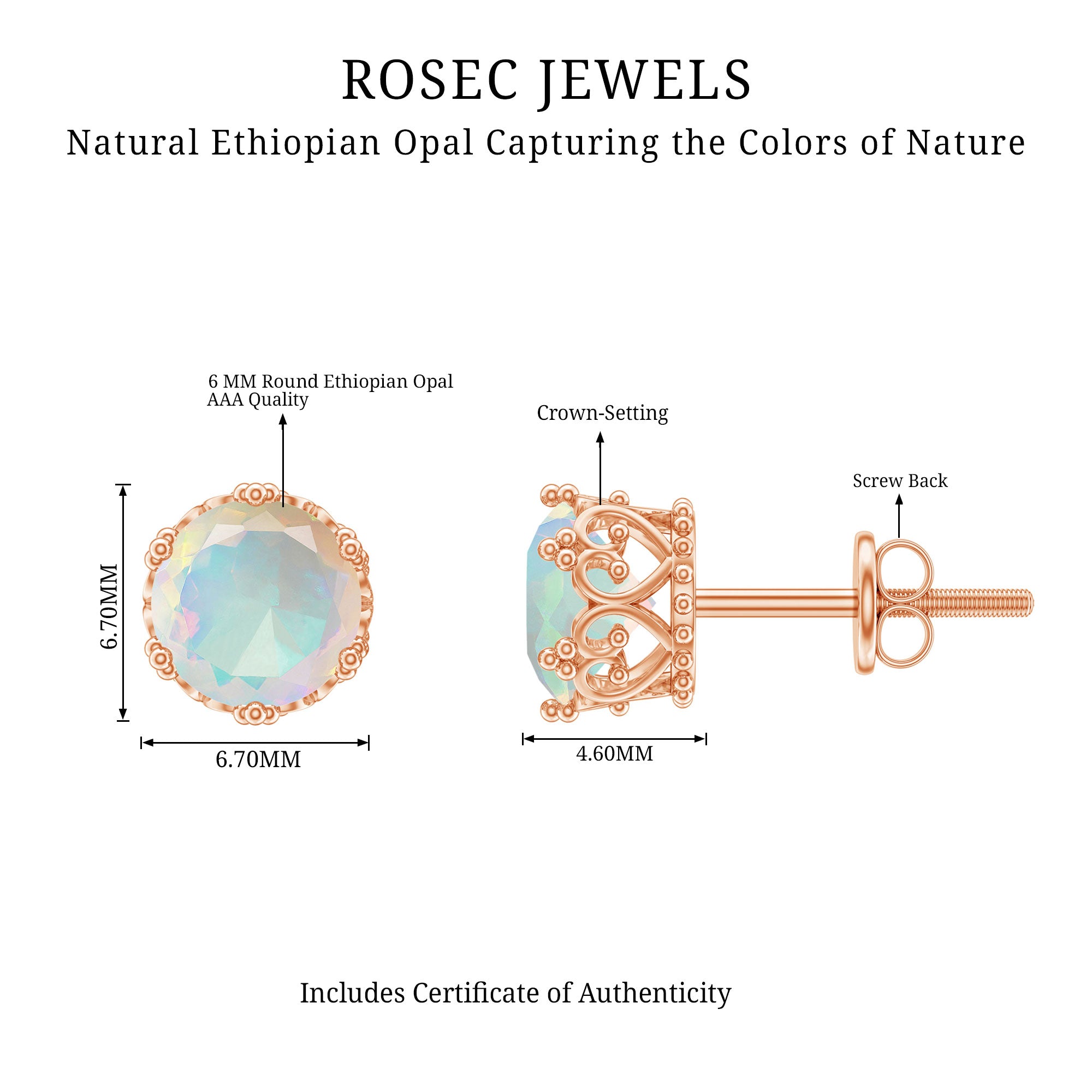 Natural Ethiopian Opal Crown Stud Earrings with Screw Back AAA - Rosec Jewels