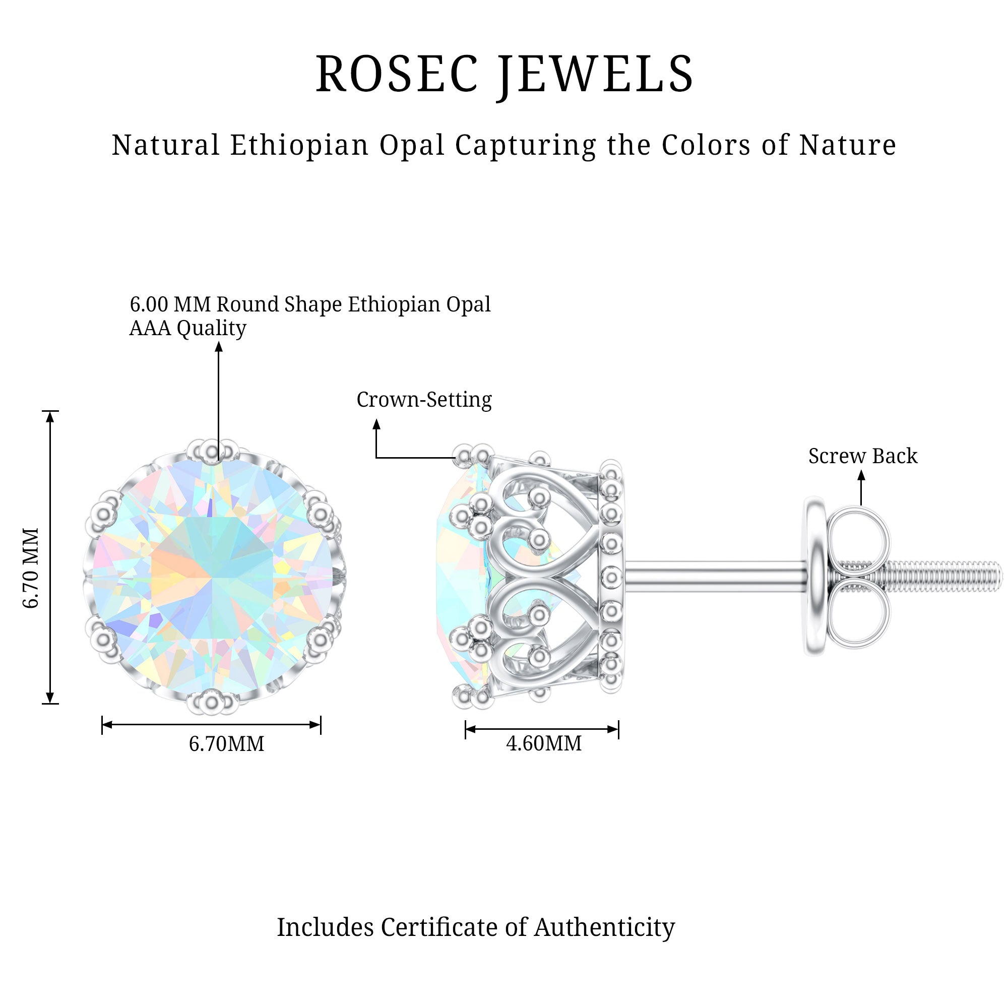 Natural Ethiopian Opal Crown Stud Earrings with Screw Back AAA - Rosec Jewels
