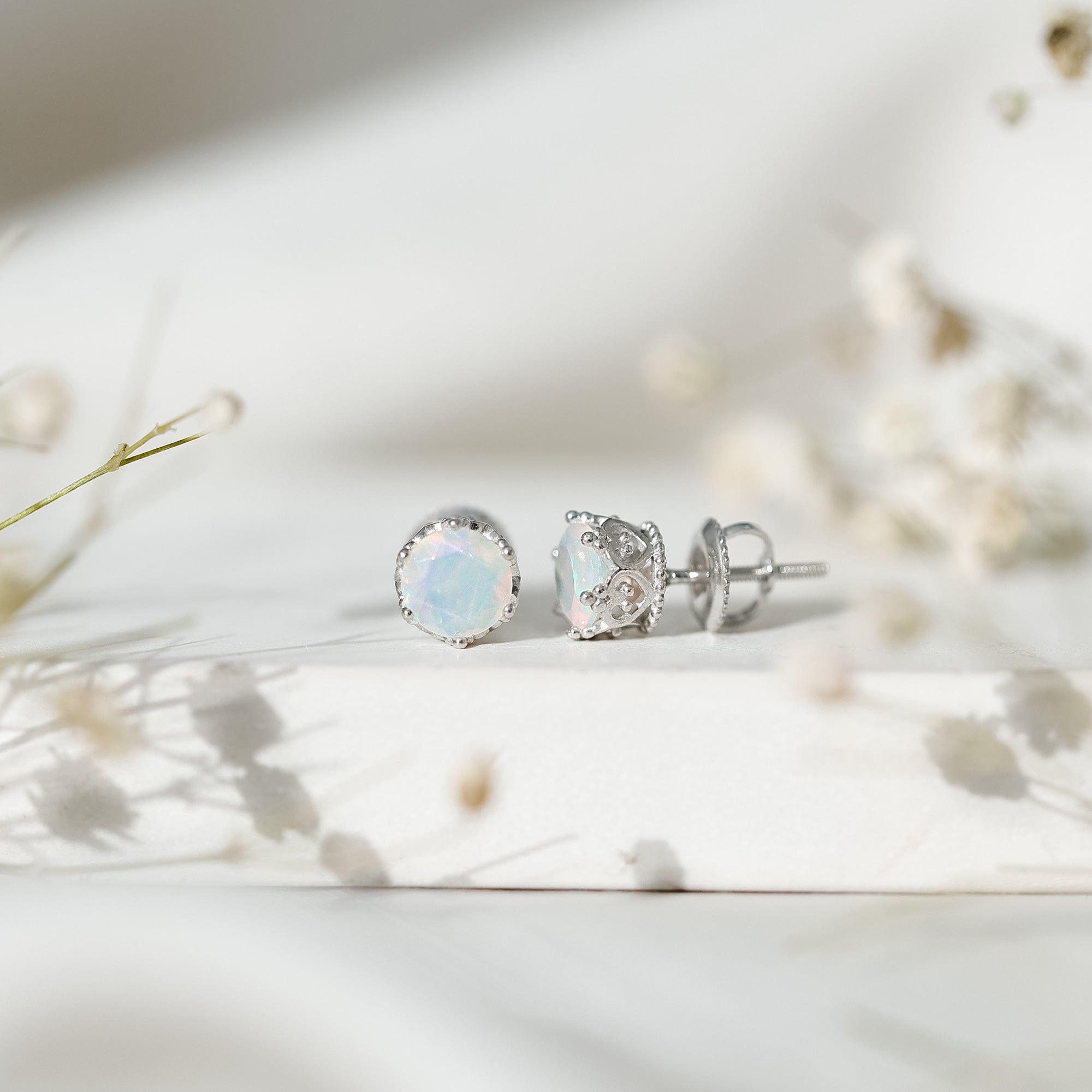 Natural Ethiopian Opal Crown Stud Earrings with Screw Back AAA - Rosec Jewels
