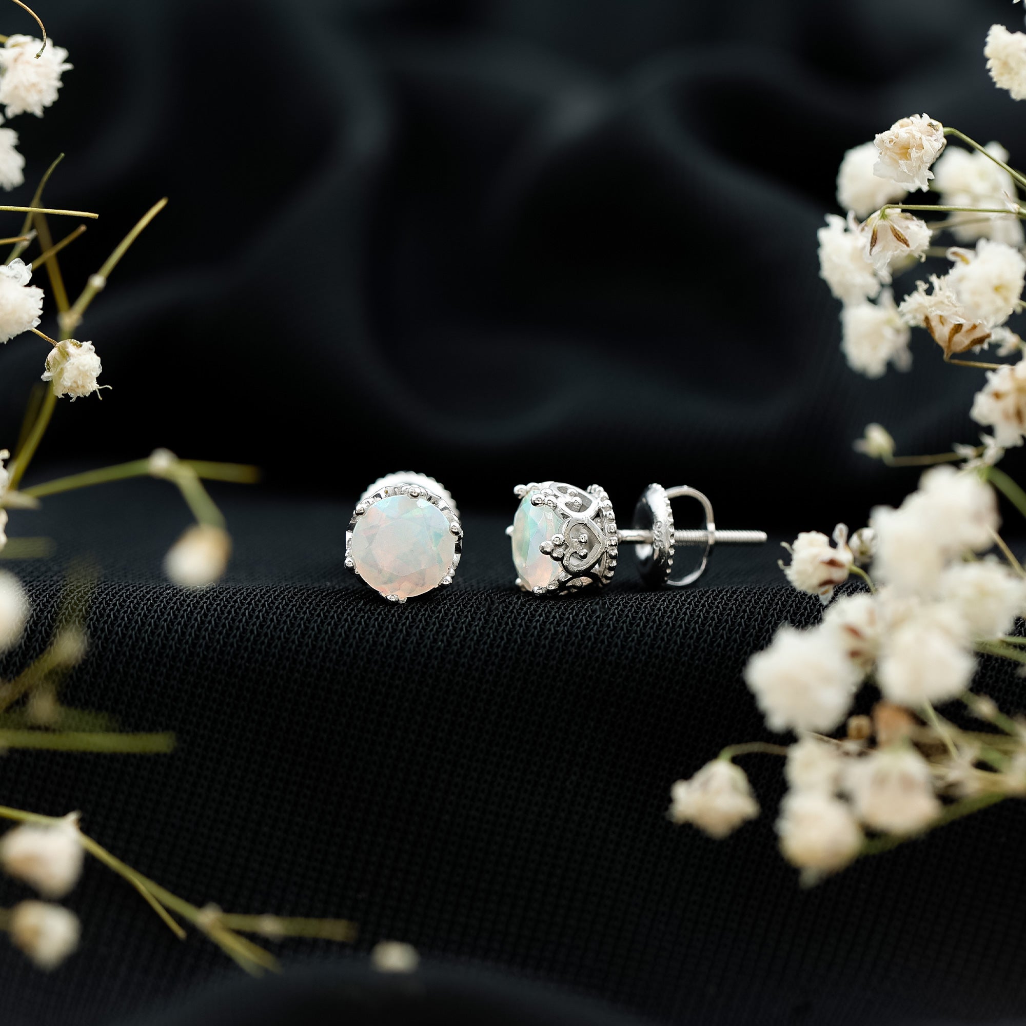 Natural Ethiopian Opal Crown Stud Earrings with Screw Back AAA - Rosec Jewels