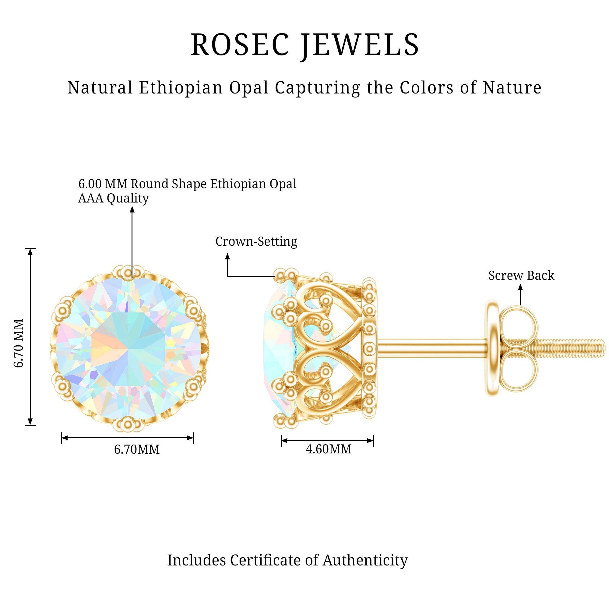 Natural Ethiopian Opal Crown Stud Earrings with Screw Back AAA - Rosec Jewels