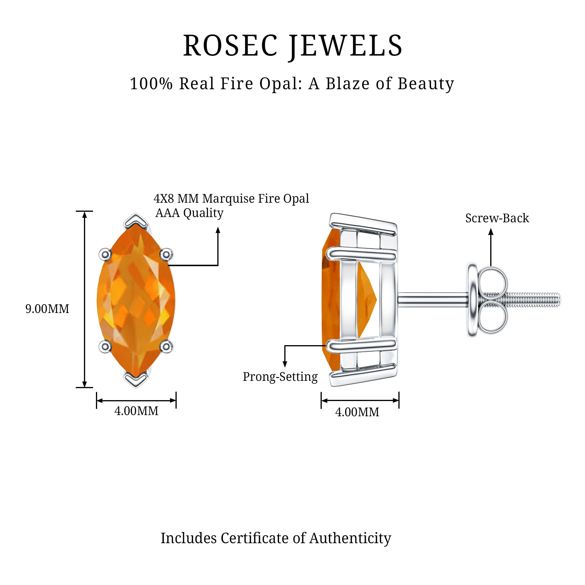 Natural Marquise Fire Opal Stud Earrings with Screw Back AAA - Rosec Jewels