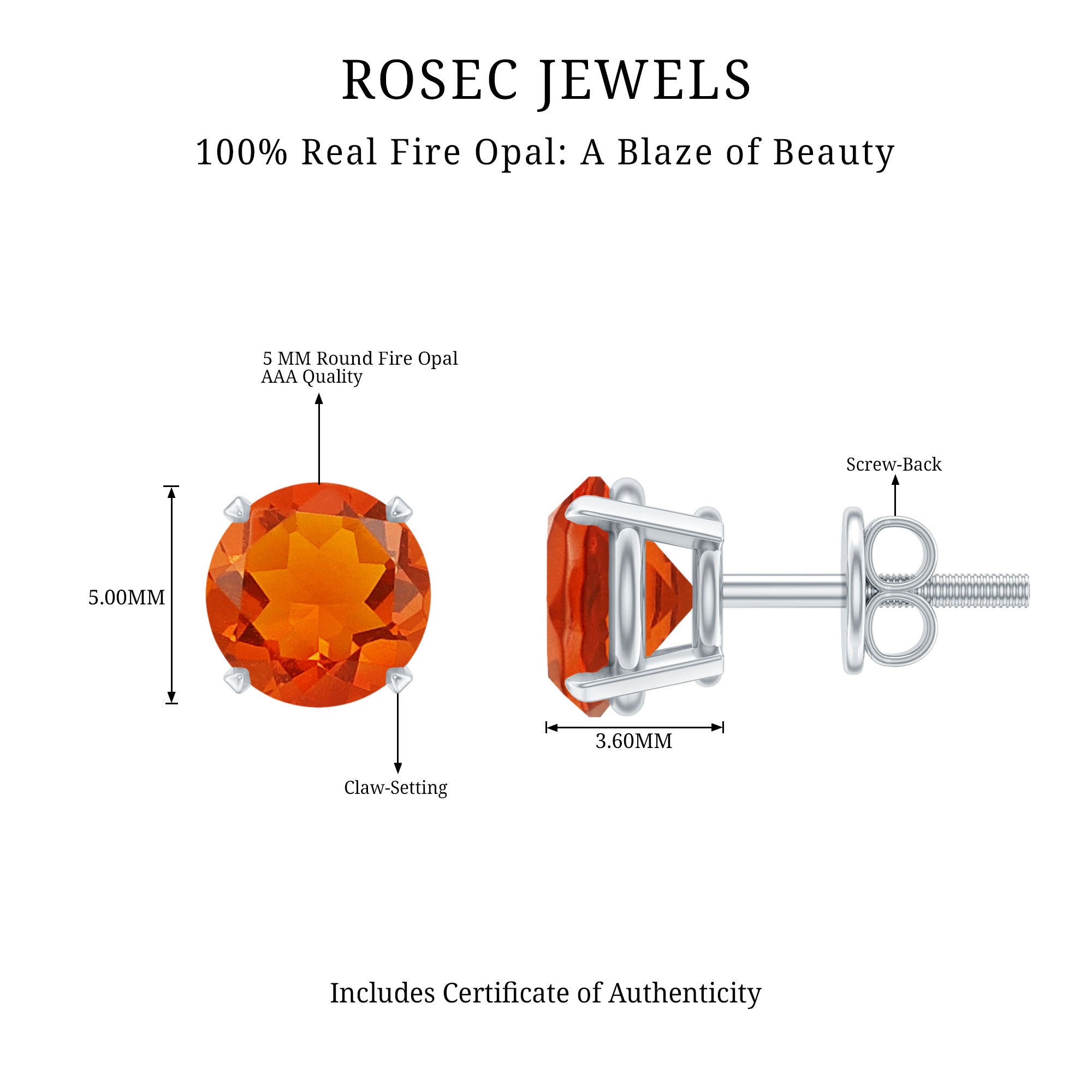 Fire Opal Stud Earrings with Screw on Backs AAA - Rosec Jewels