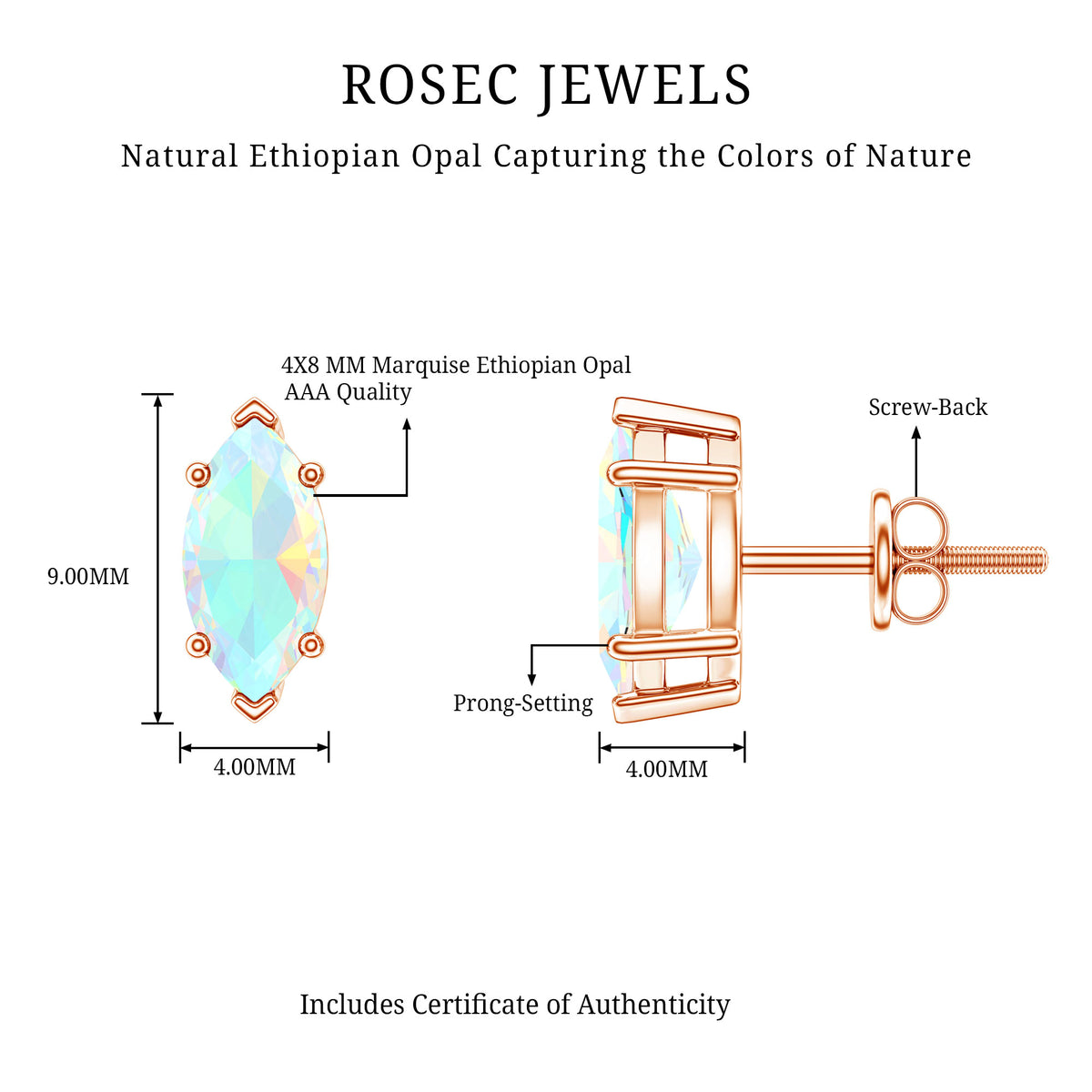 Certified Real Marquise Ethiopian Opal Earrings with Screw Back AAA - Rosec Jewels