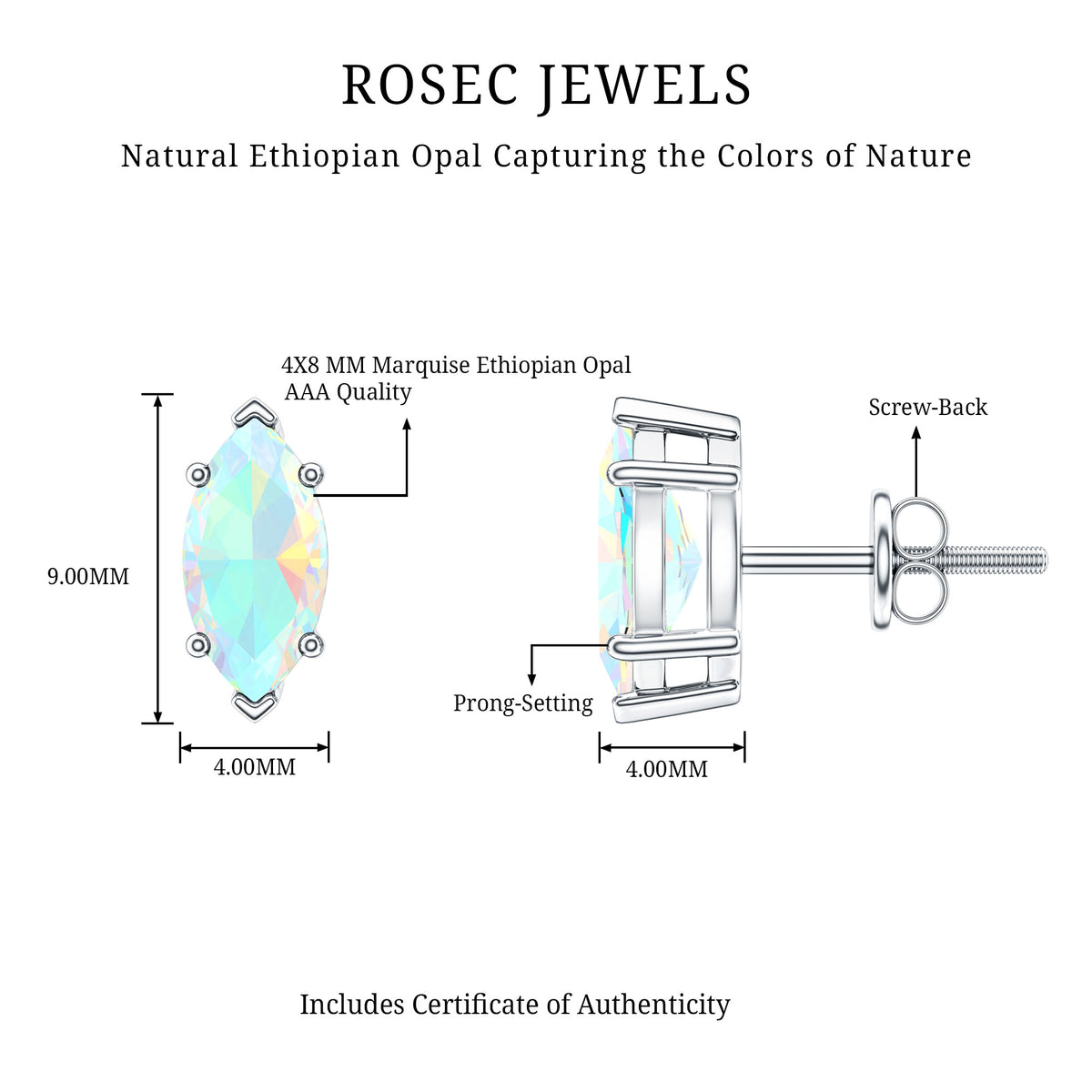 Certified Real Marquise Ethiopian Opal Earrings with Screw Back AAA - Rosec Jewels