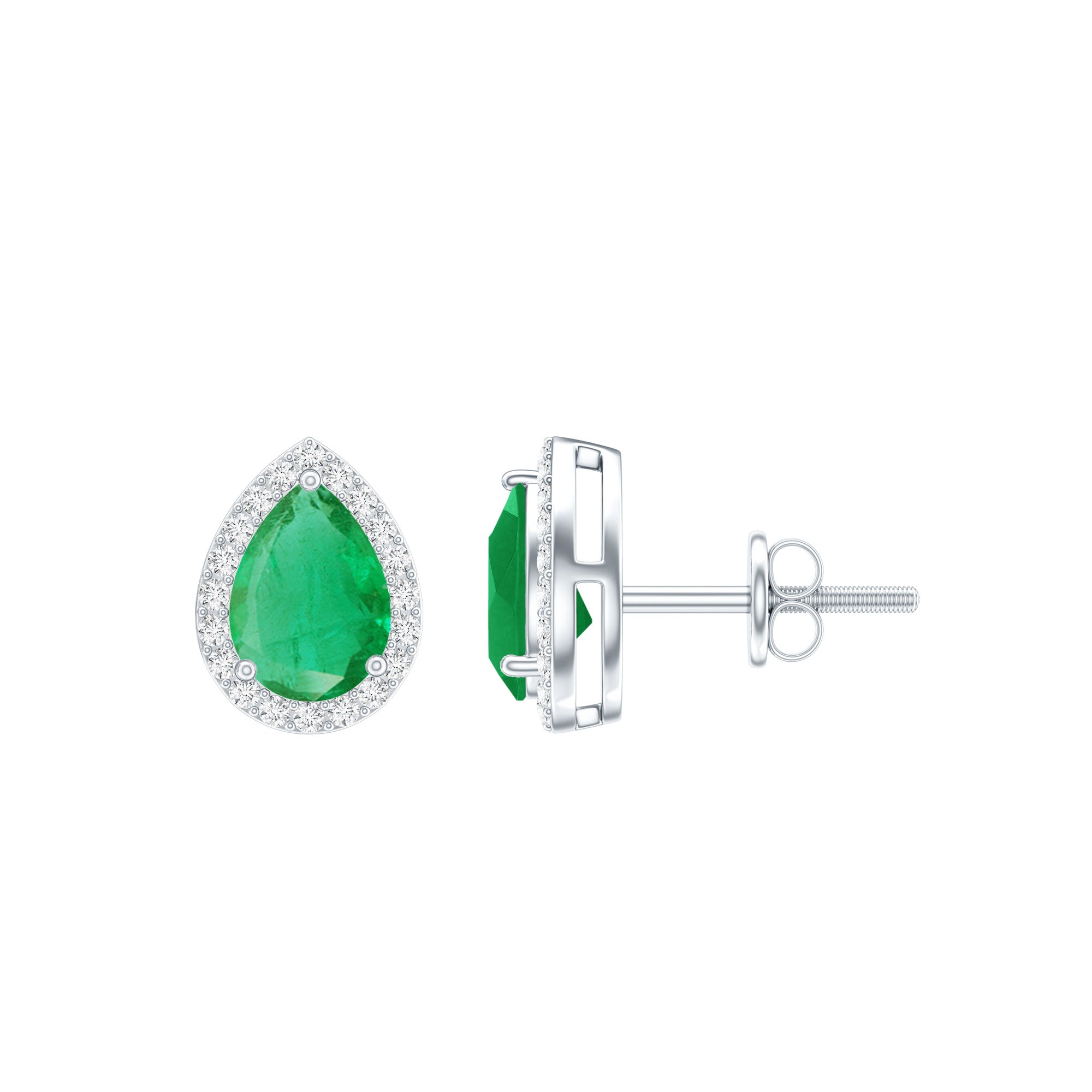 Natural 5X7mm Pear Shape Emerald Stud Earrings with Diamond Halo AAA - Rosec Jewels
