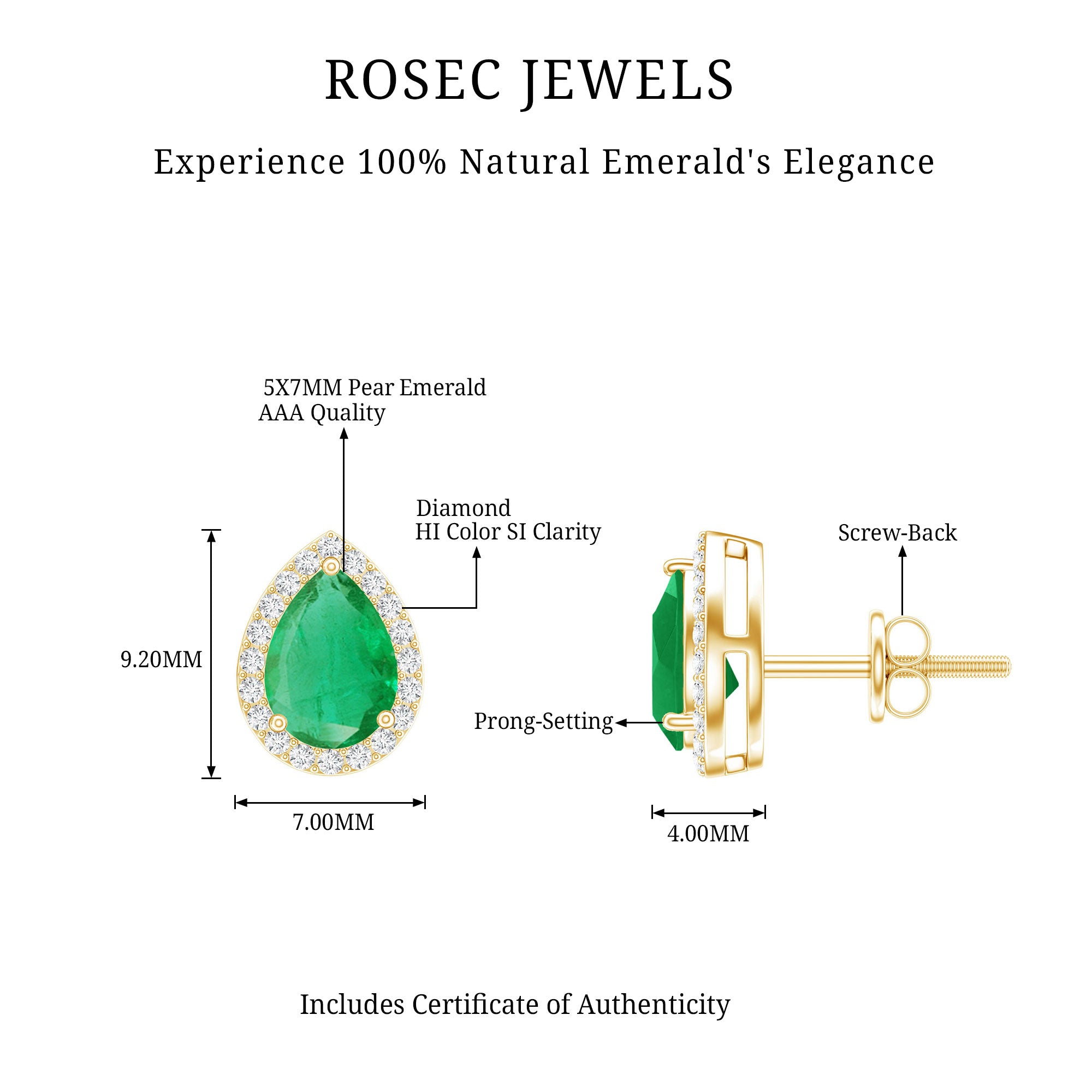 Natural 5X7mm Pear Shape Emerald Stud Earrings with Diamond Halo AAA - Rosec Jewels
