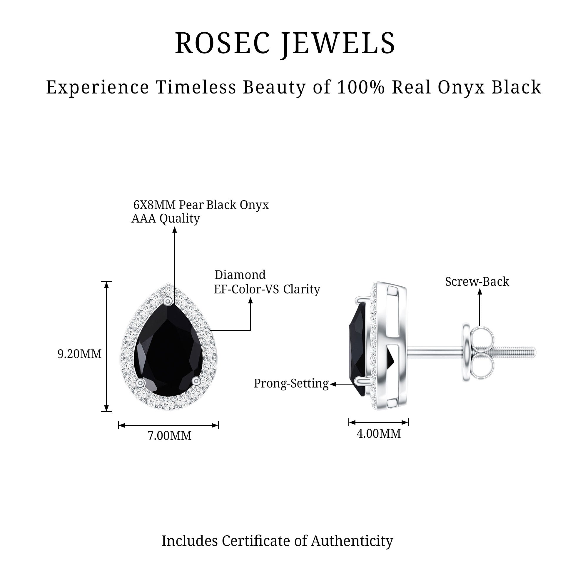 2 Carat Pear Cut Black Onyx and Diamond Halo Stud Earrings AAA - Rosec Jewels