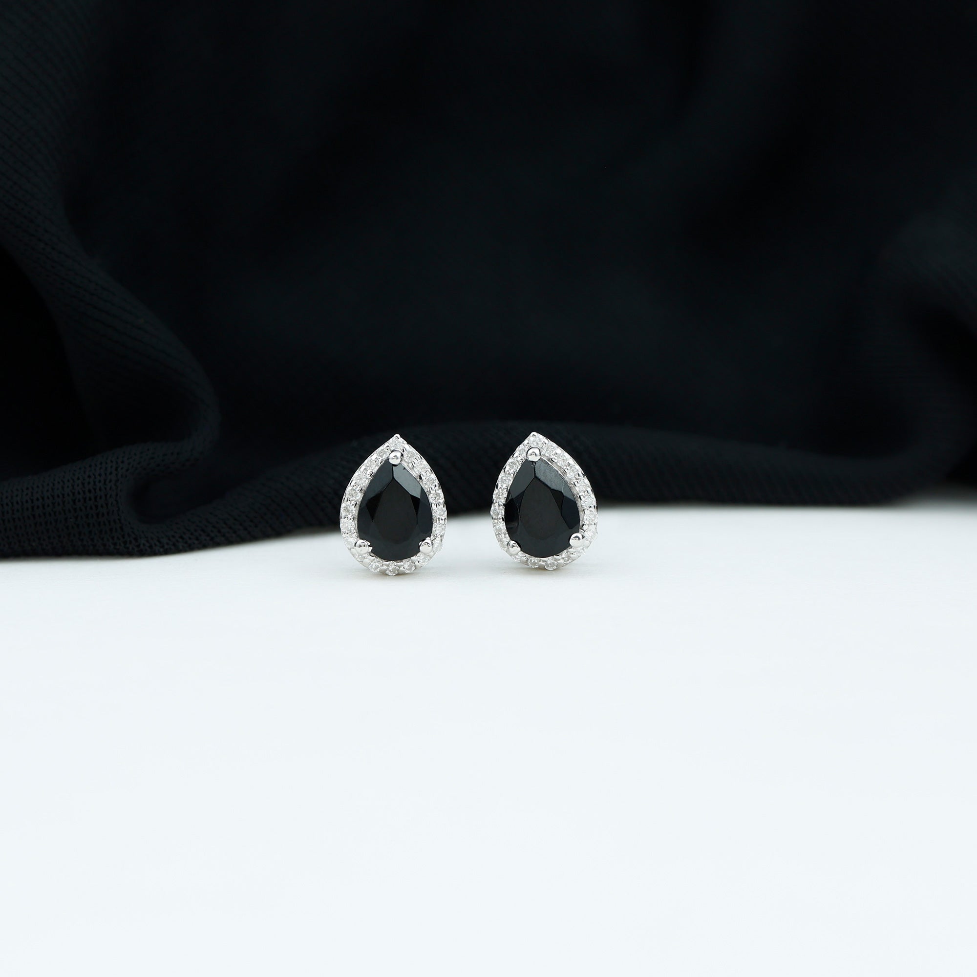 2 Carat Pear Cut Black Onyx and Diamond Halo Stud Earrings AAA - Rosec Jewels