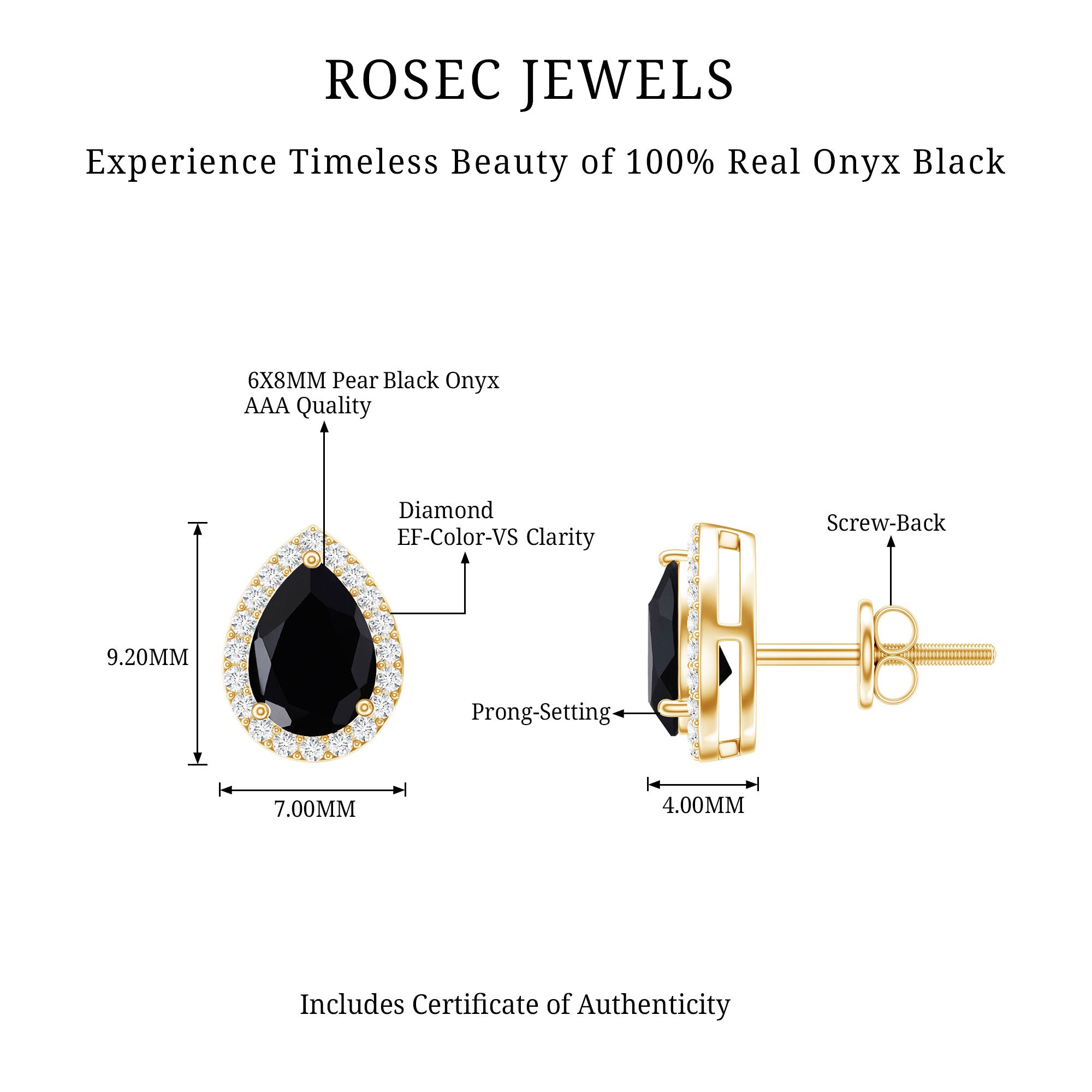 2 Carat Pear Cut Black Onyx and Diamond Halo Stud Earrings AAA - Rosec Jewels