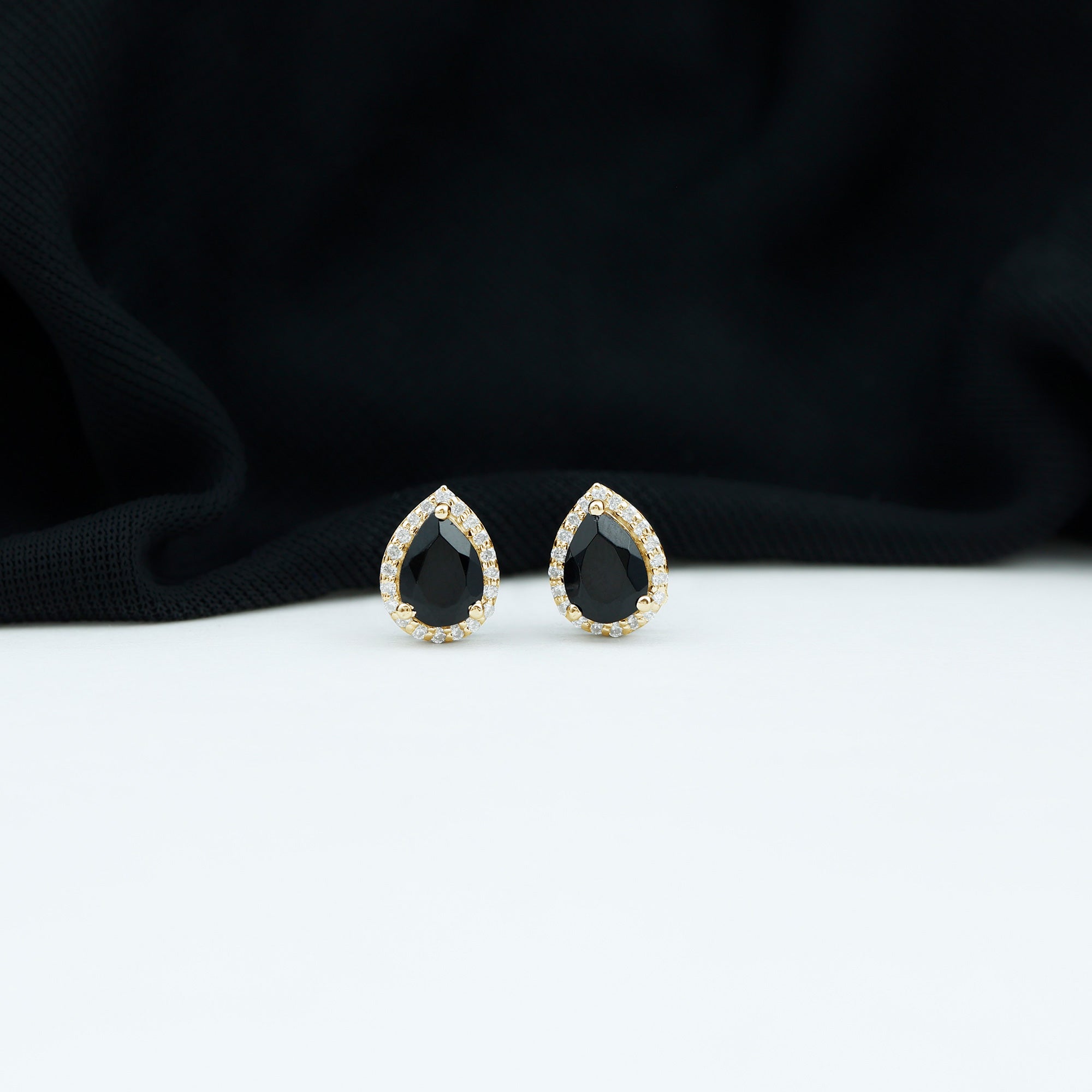 2 Carat Pear Cut Black Onyx and Diamond Halo Stud Earrings AAA - Rosec Jewels
