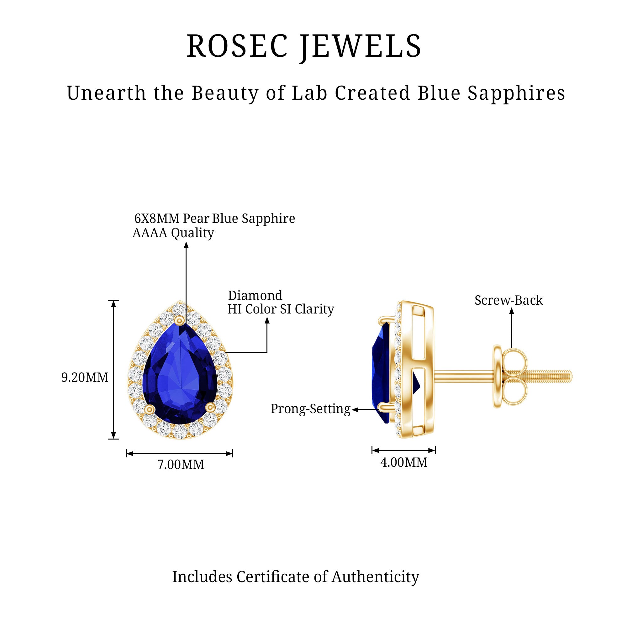 Certified Lab Created Blue Sapphire and Diamond Stud Earrings AAAA - Rosec Jewels
