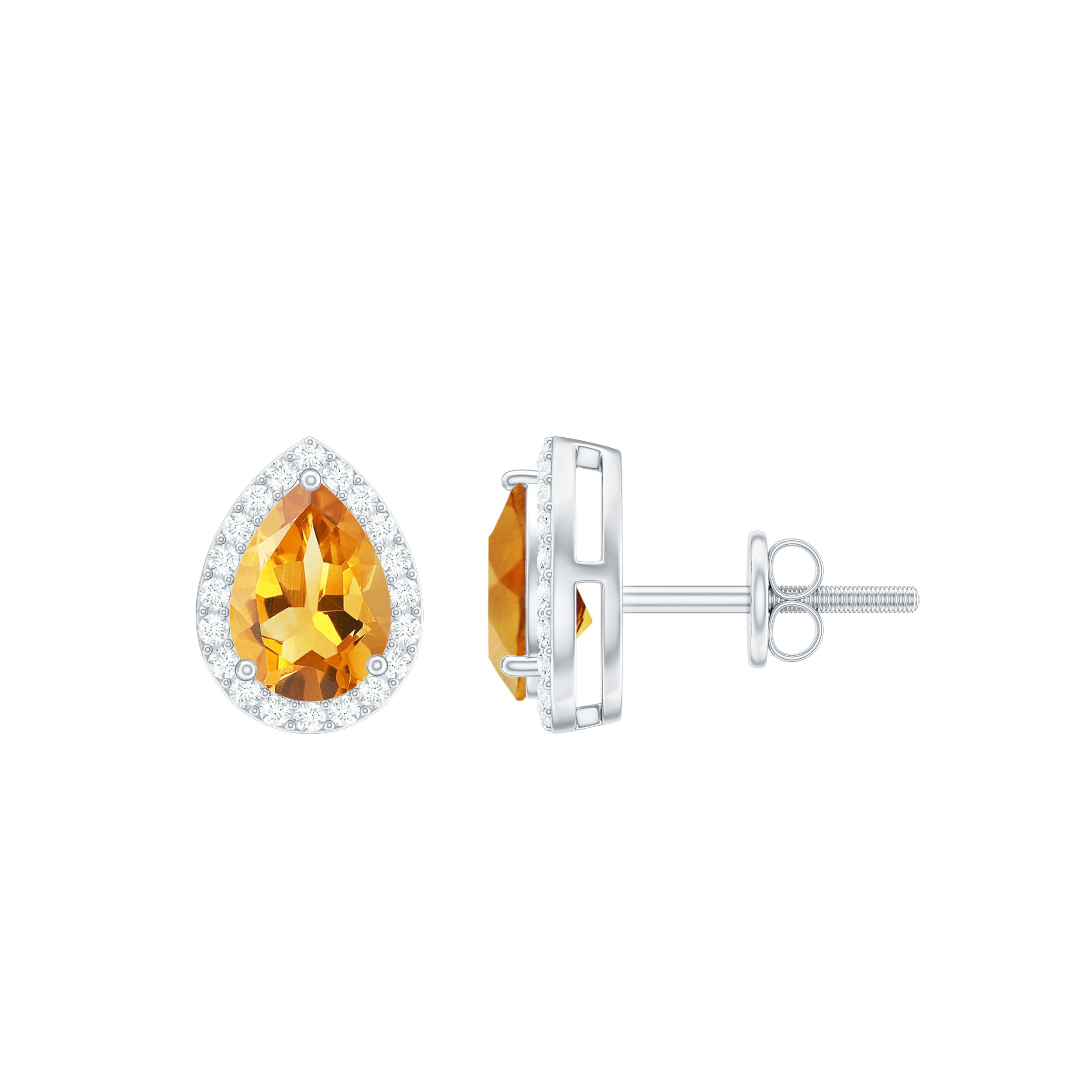 Certified Real Pear Shape Citrine Stud Earrings with Diamond Halo