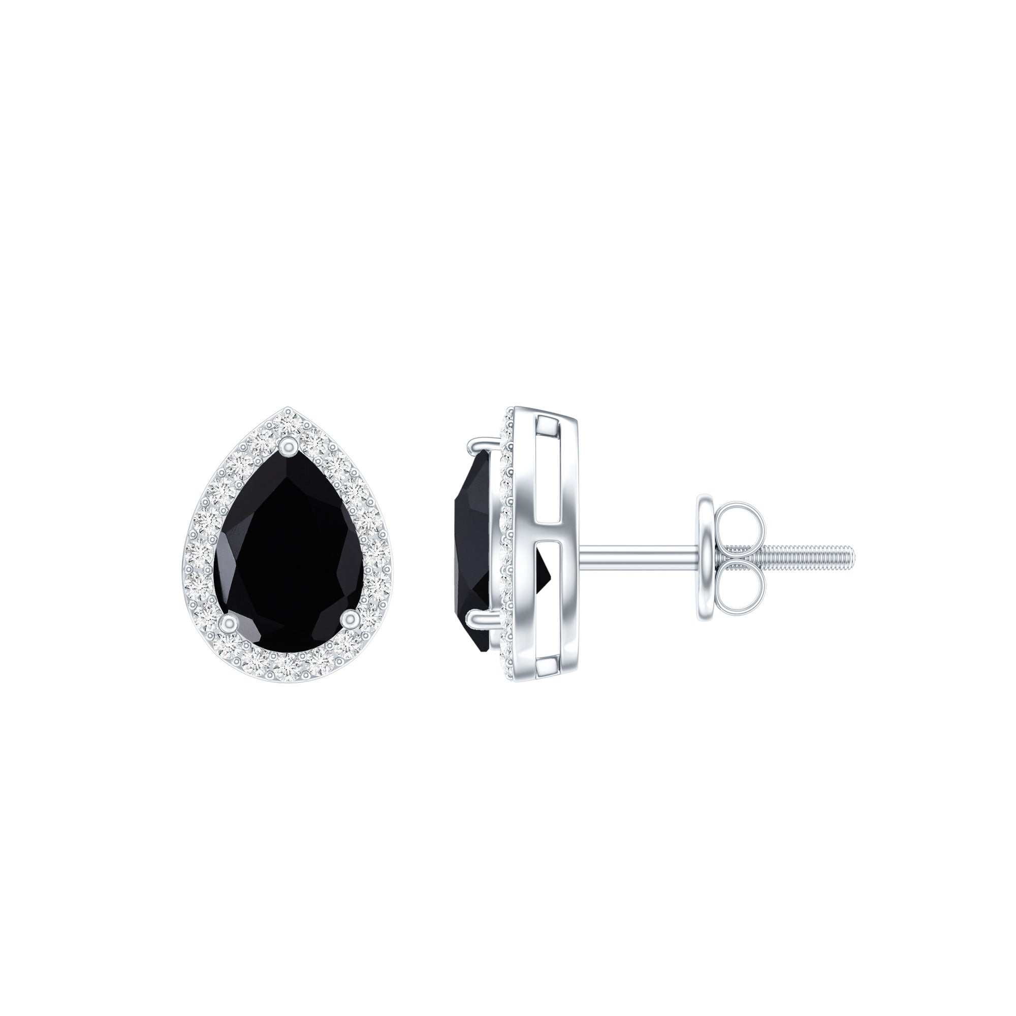 Lab Created Black Diamond Teardrop Stud Earrings with Diamond Halo AAAA ( Synthetic ) - Rosec Jewels