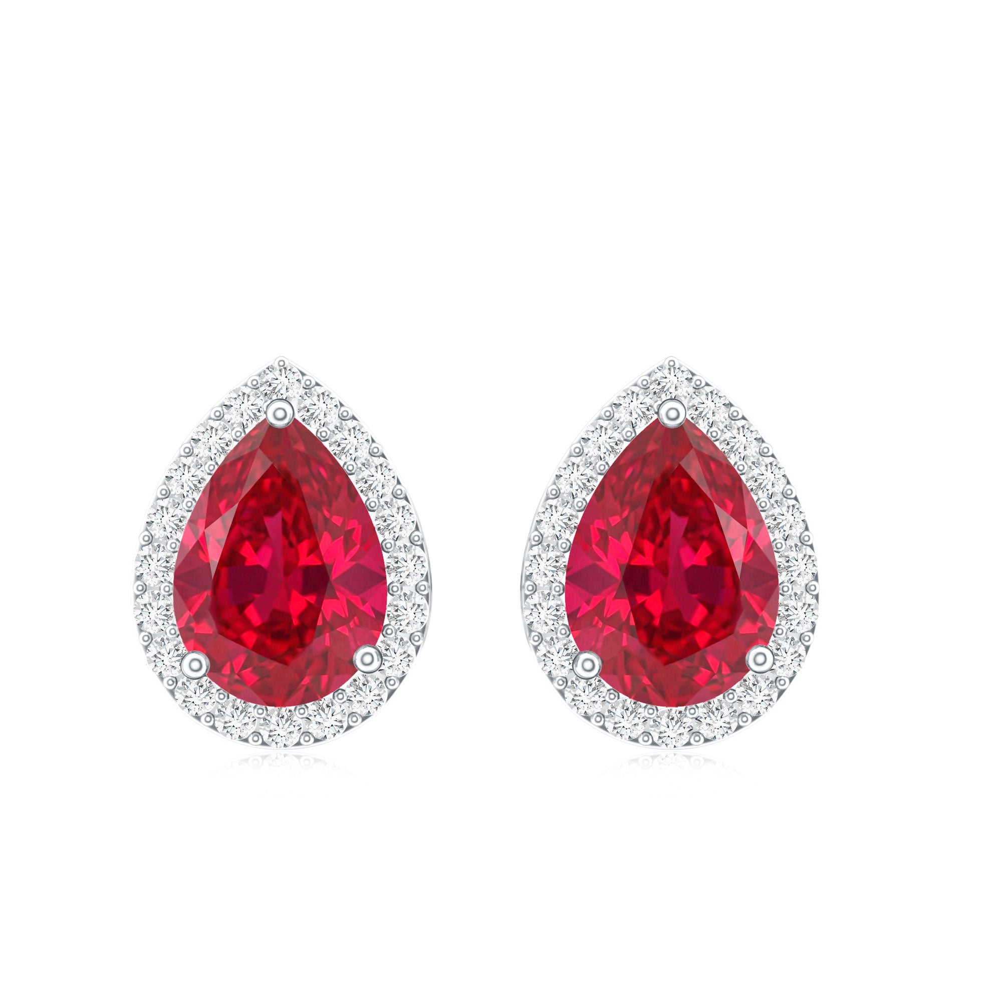 Lab Created Ruby Teardrop Stud Earrings with Diamond Halo AAAA - Rosec Jewels