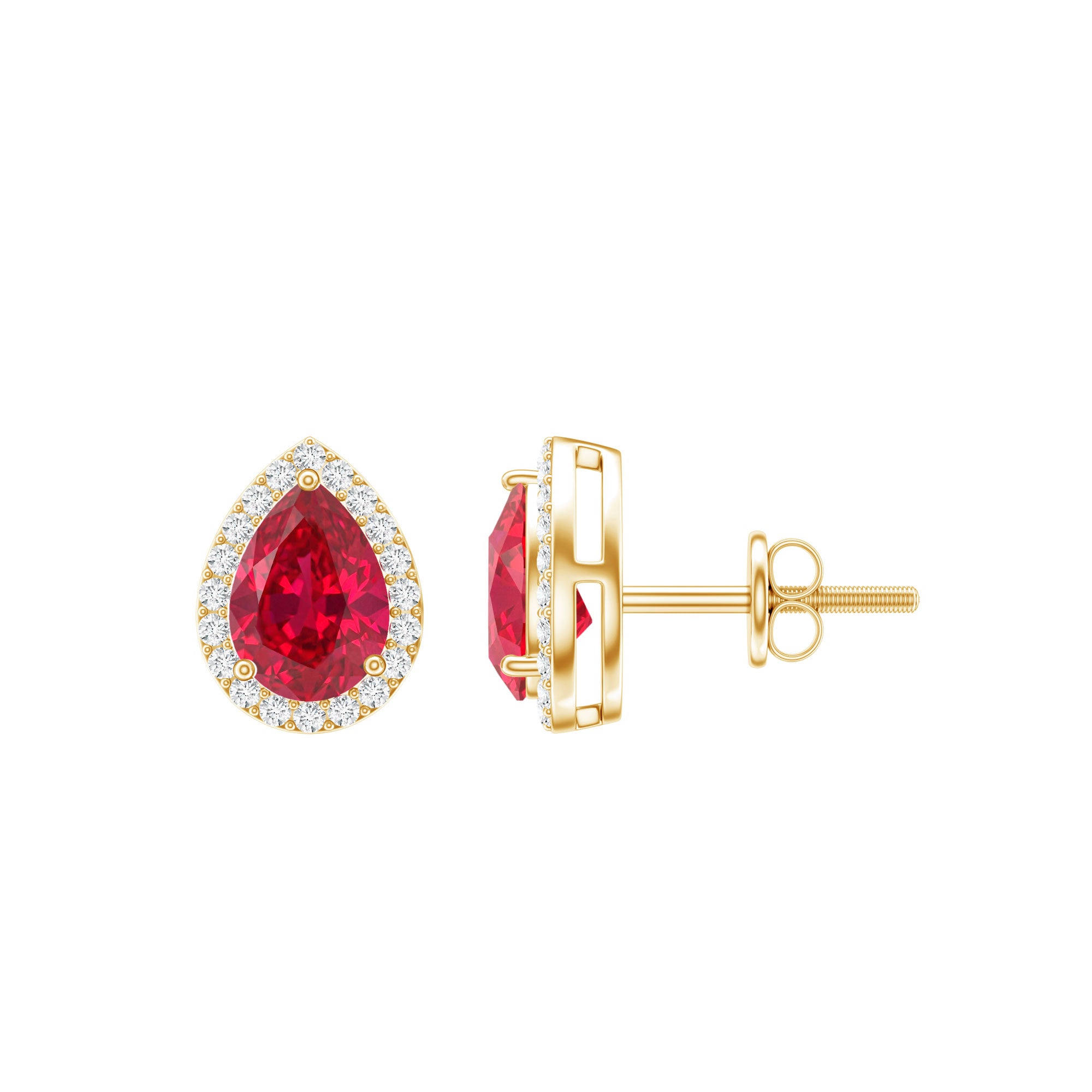Lab Created Ruby Teardrop Stud Earrings with Diamond Halo AAAA - Rosec Jewels