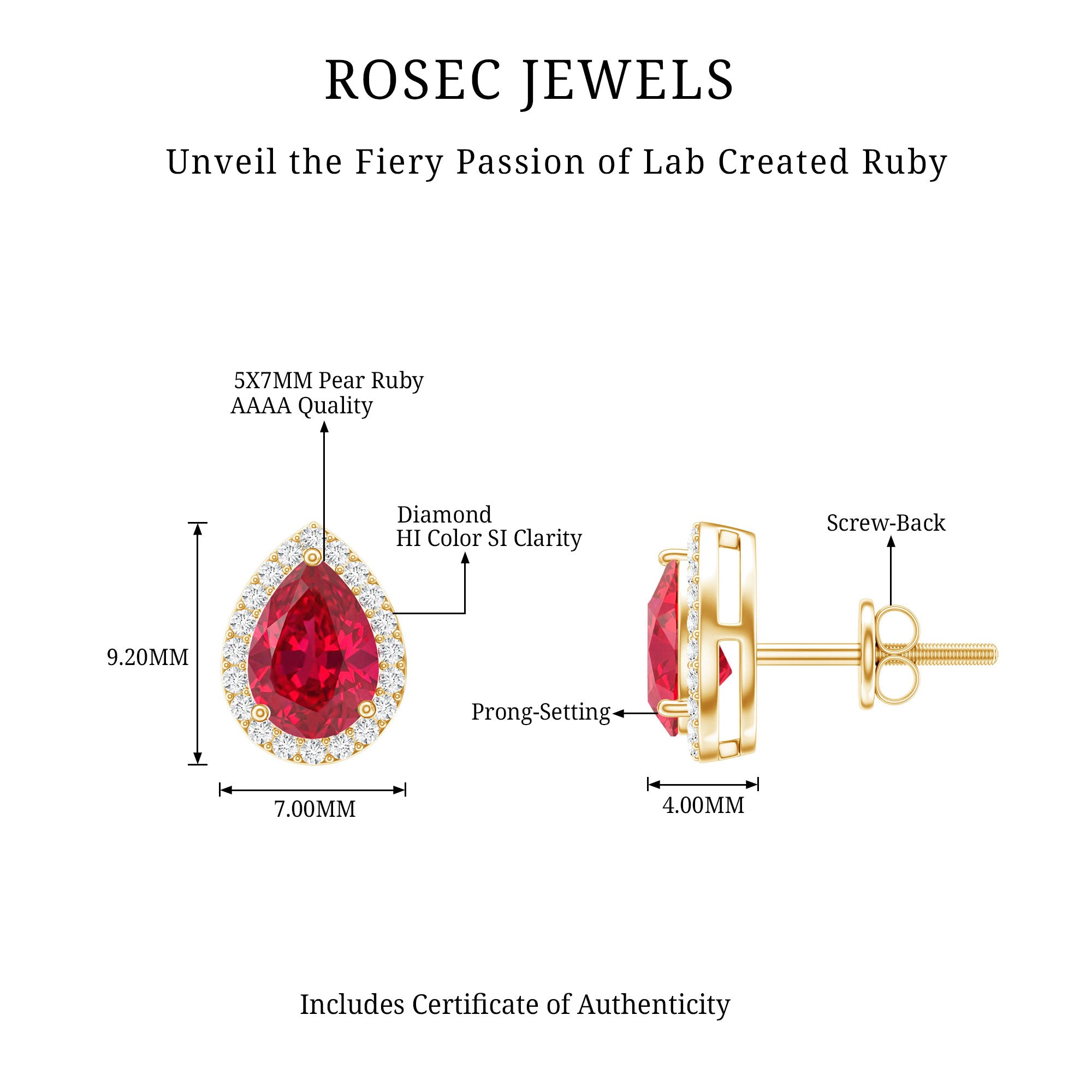 Lab Created Ruby Teardrop Stud Earrings with Diamond Halo AAAA - Rosec Jewels