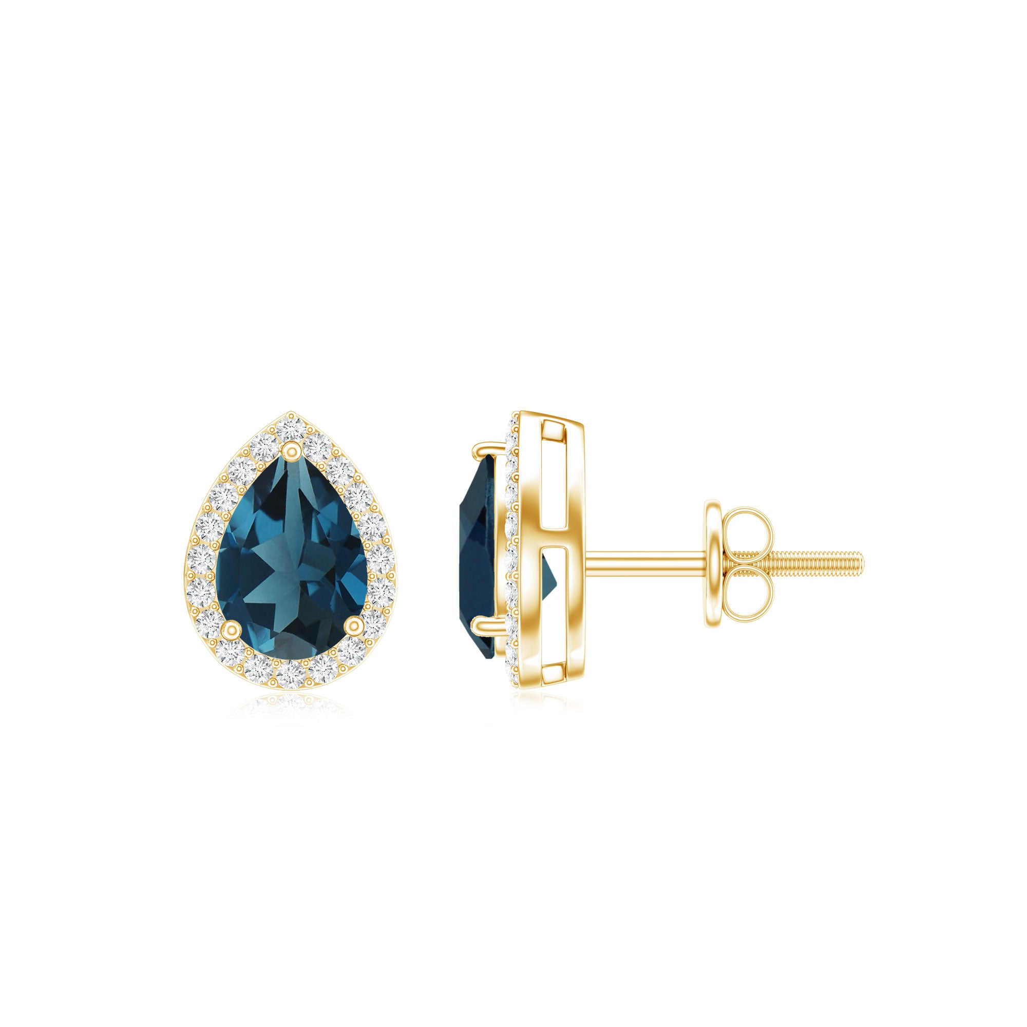 Real London Blue Topaz Teardrop Stud Earrings with Diamond Halo AAA - Rosec Jewels