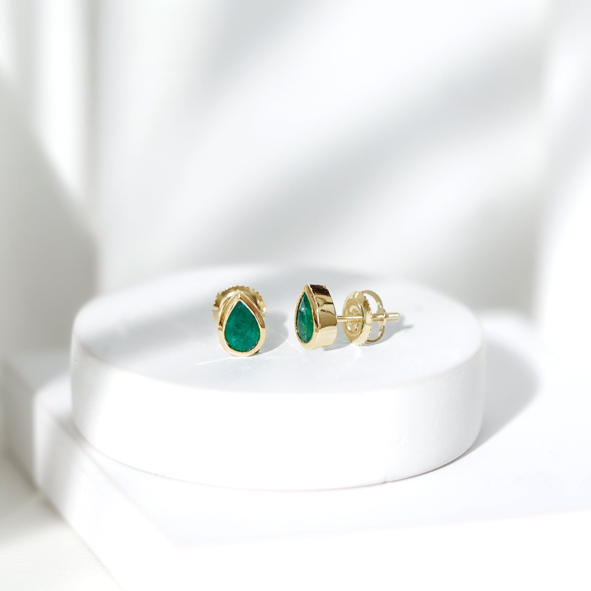 Genuine Emerald Teardrop Stud Earrings in Bezel Setting AAA - Rosec Jewels