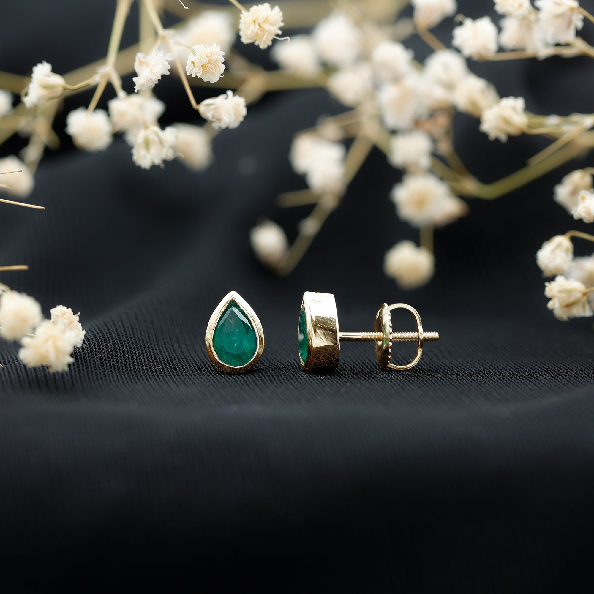 Genuine Emerald Teardrop Stud Earrings in Bezel Setting AAA - Rosec Jewels