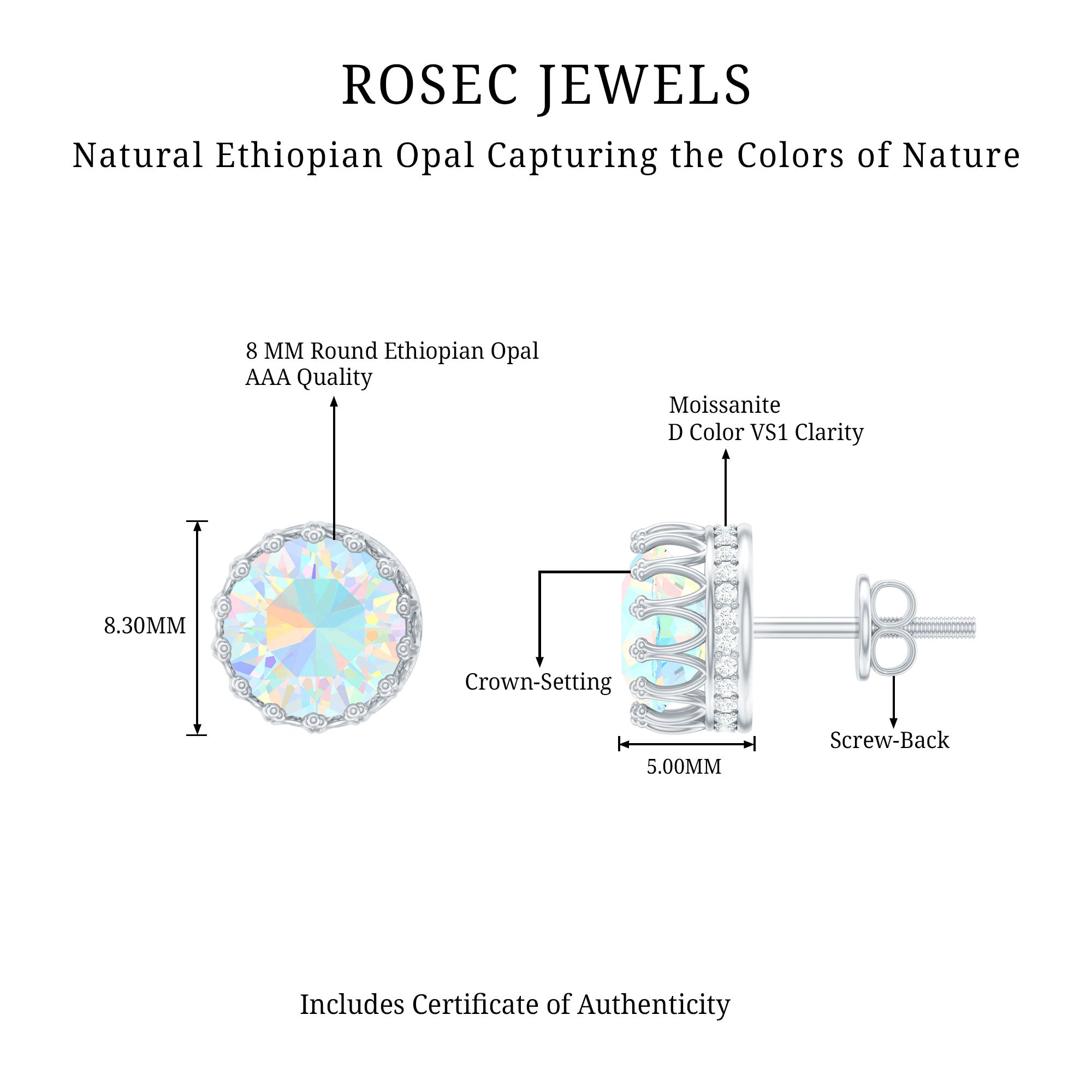 Real Ethiopian Opal Crown Stud Earrings with Certificate AAA - Rosec Jewels